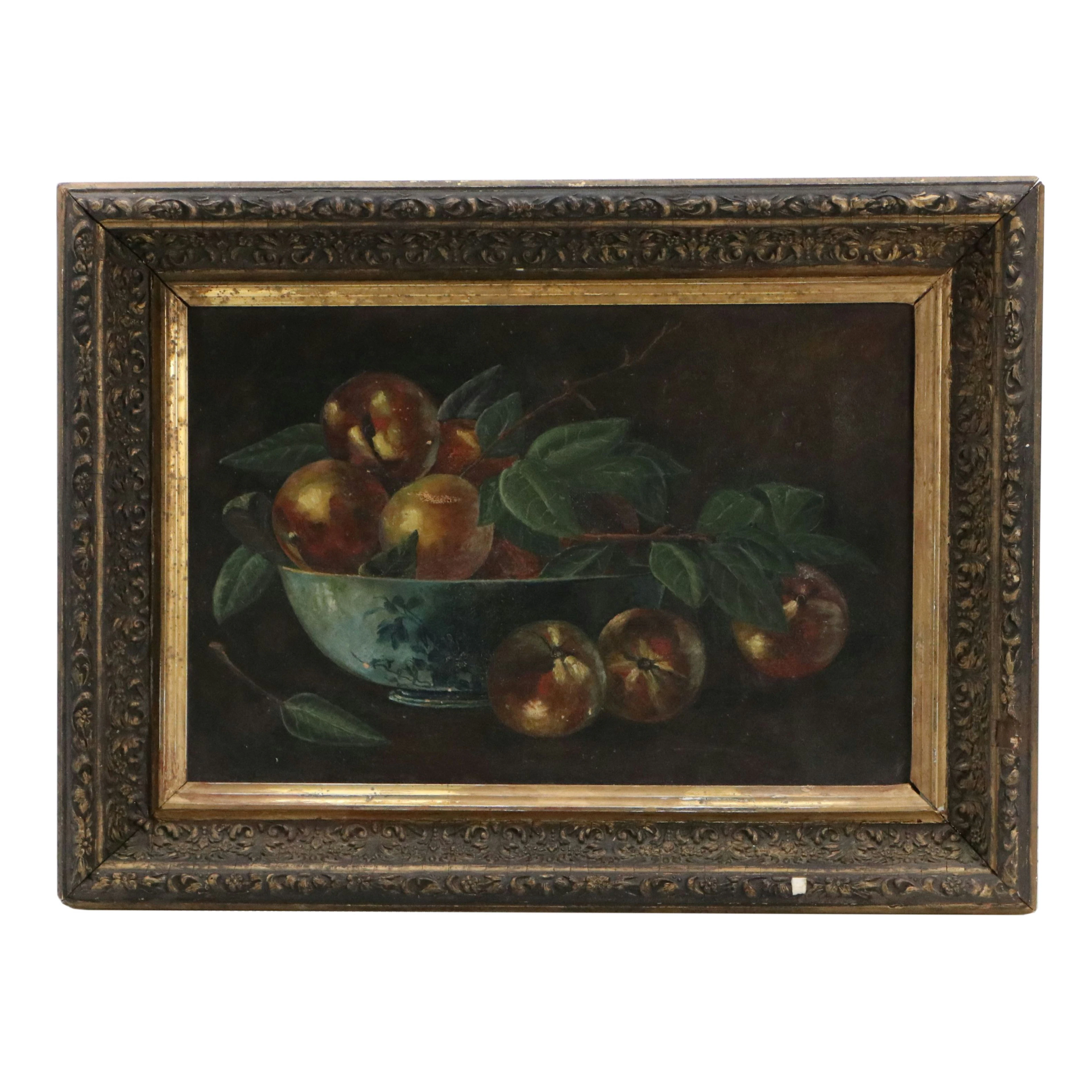 Antique Still Life Oil Painting of Bowl of Peaches, Mid to Late 19th Century
