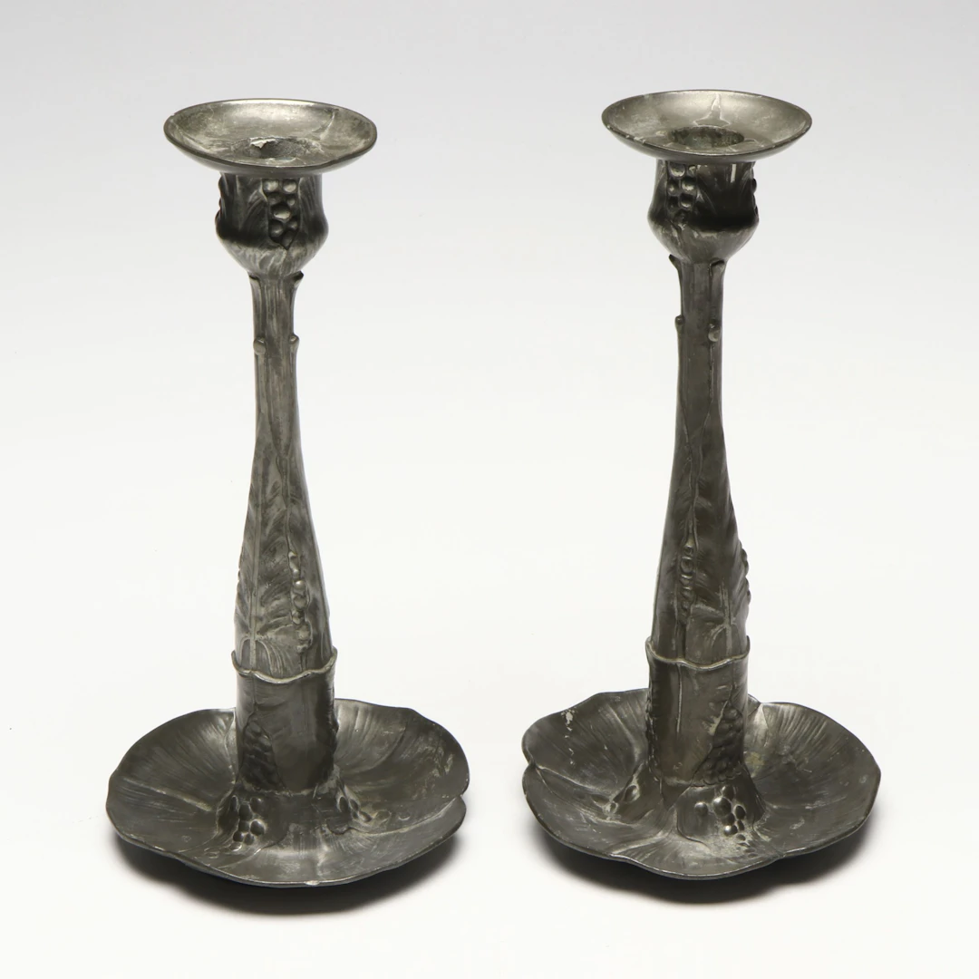 Kayserzinn Jugendstil Pewter Candlestick Pair, Early 20th C.