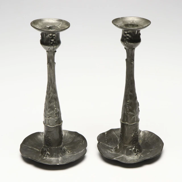 Kayserzinn Jugendstil Pewter Candlestick Pair, Early 20th C.