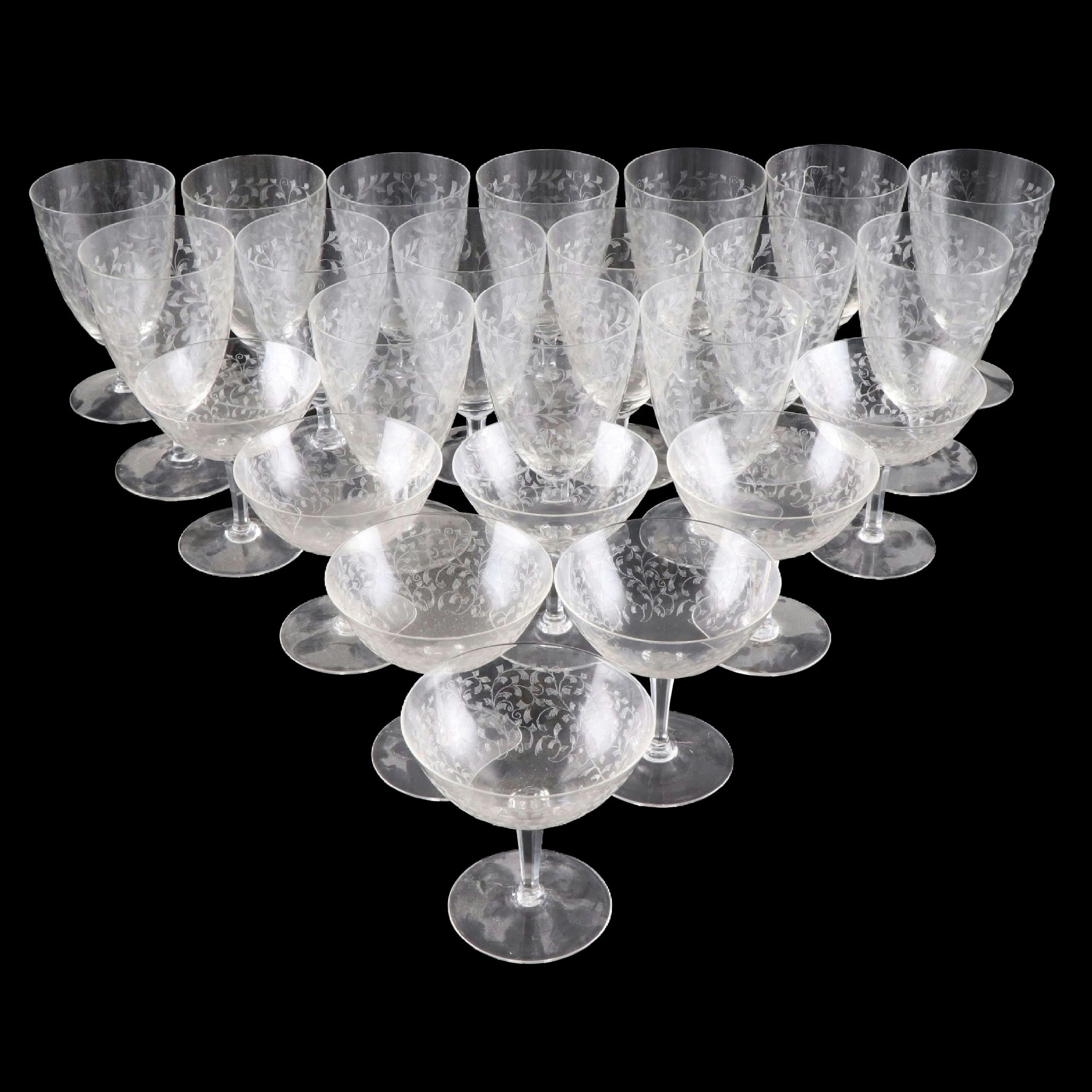 Vine Etched Glass Water Goblets and Champagne Coupes