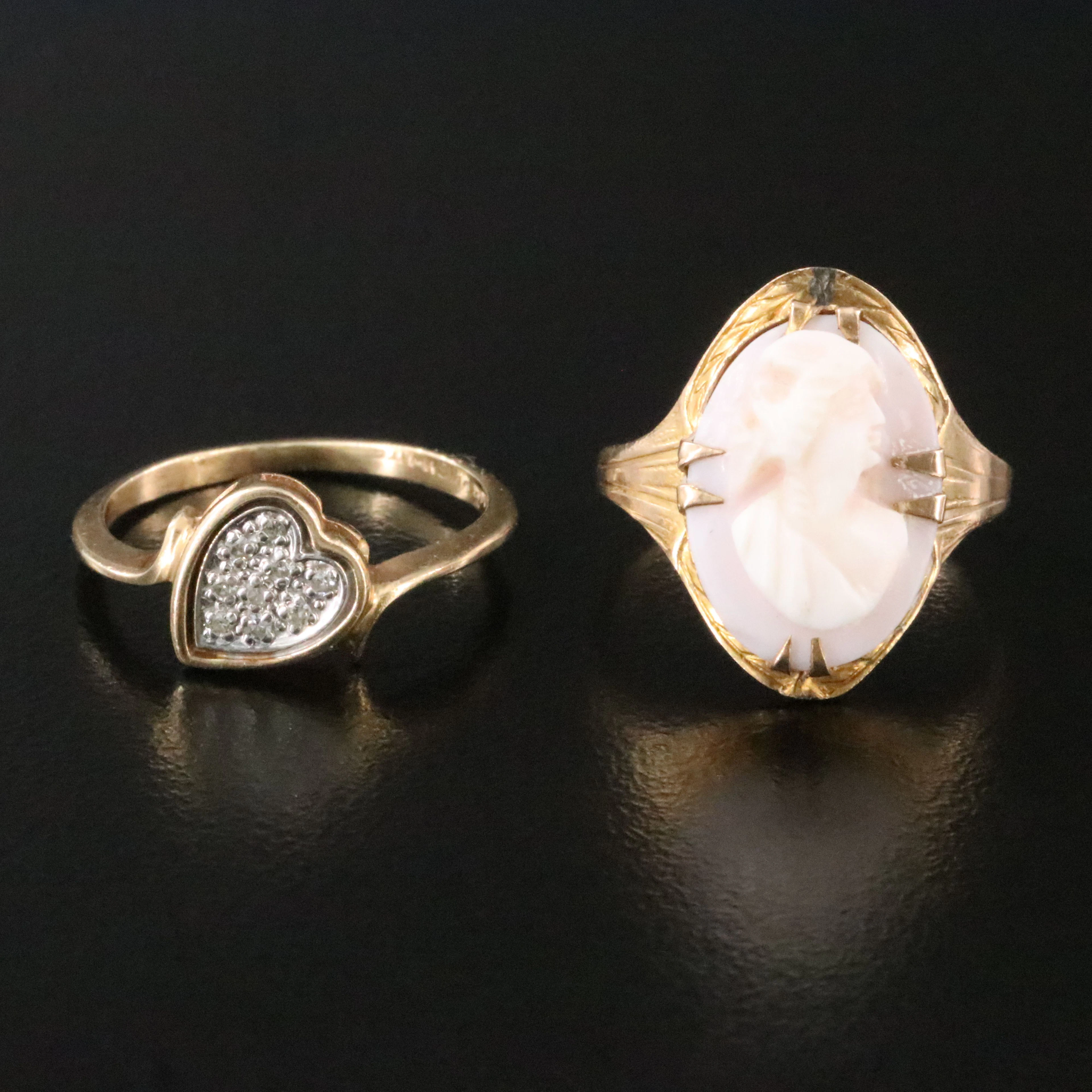 14K and 10K Ring Grouping Including a Diamond Bypass Heart and Shell Cameo