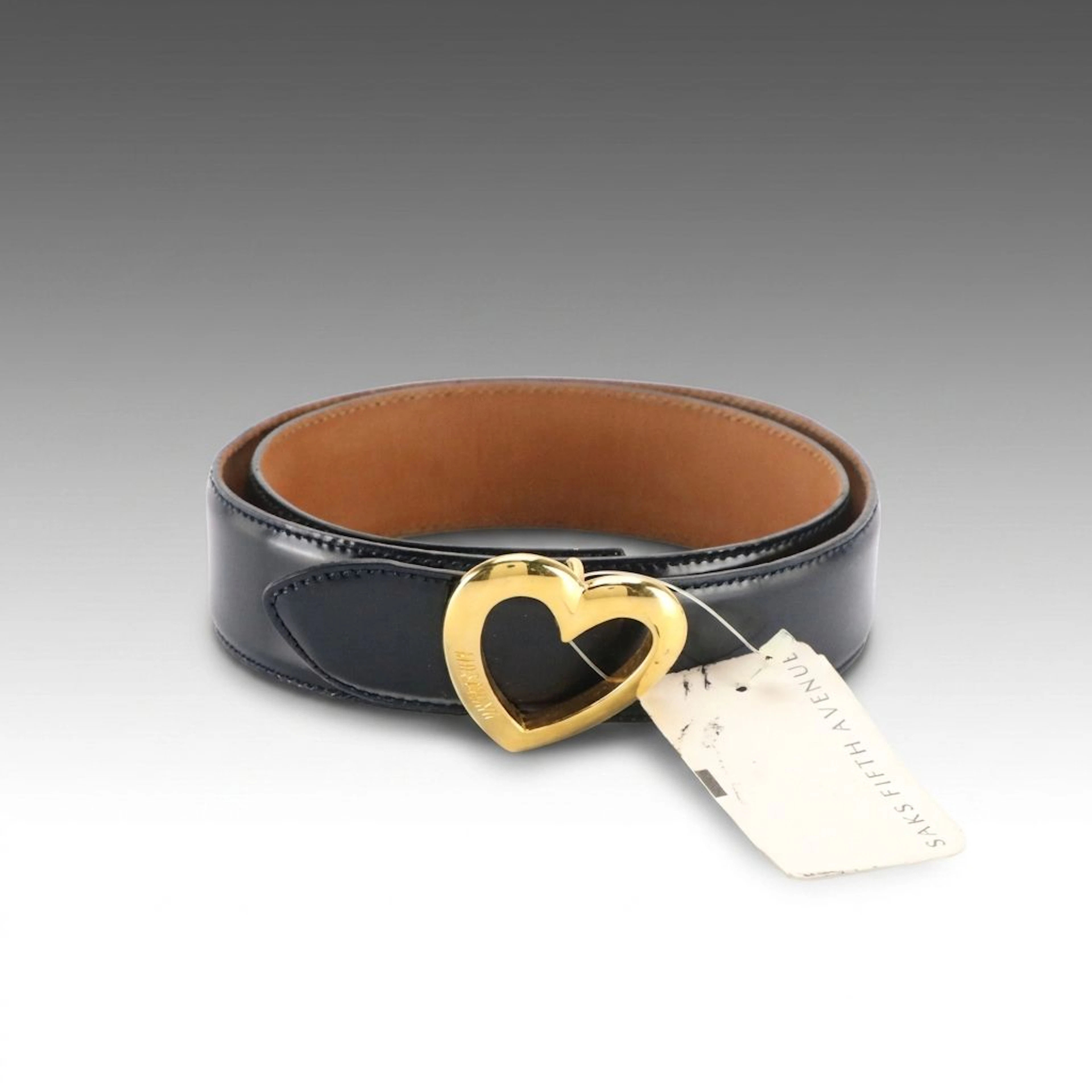 Moschino Gold Tone Heart Buckle Belt in Black Leather, With Tag