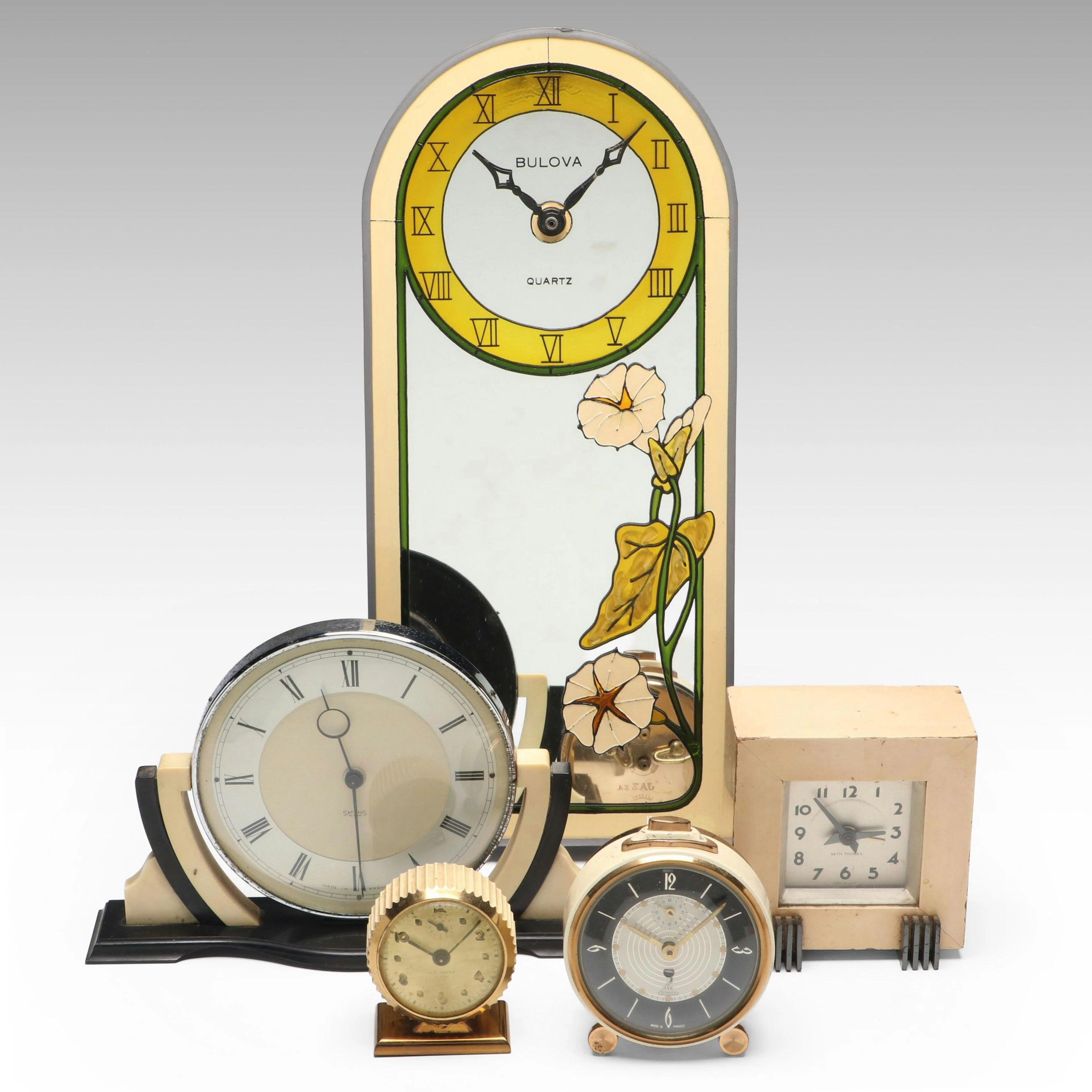 Bulova Mirrored Floral Clock with Smiths England Desk Clock and More, 20th C.