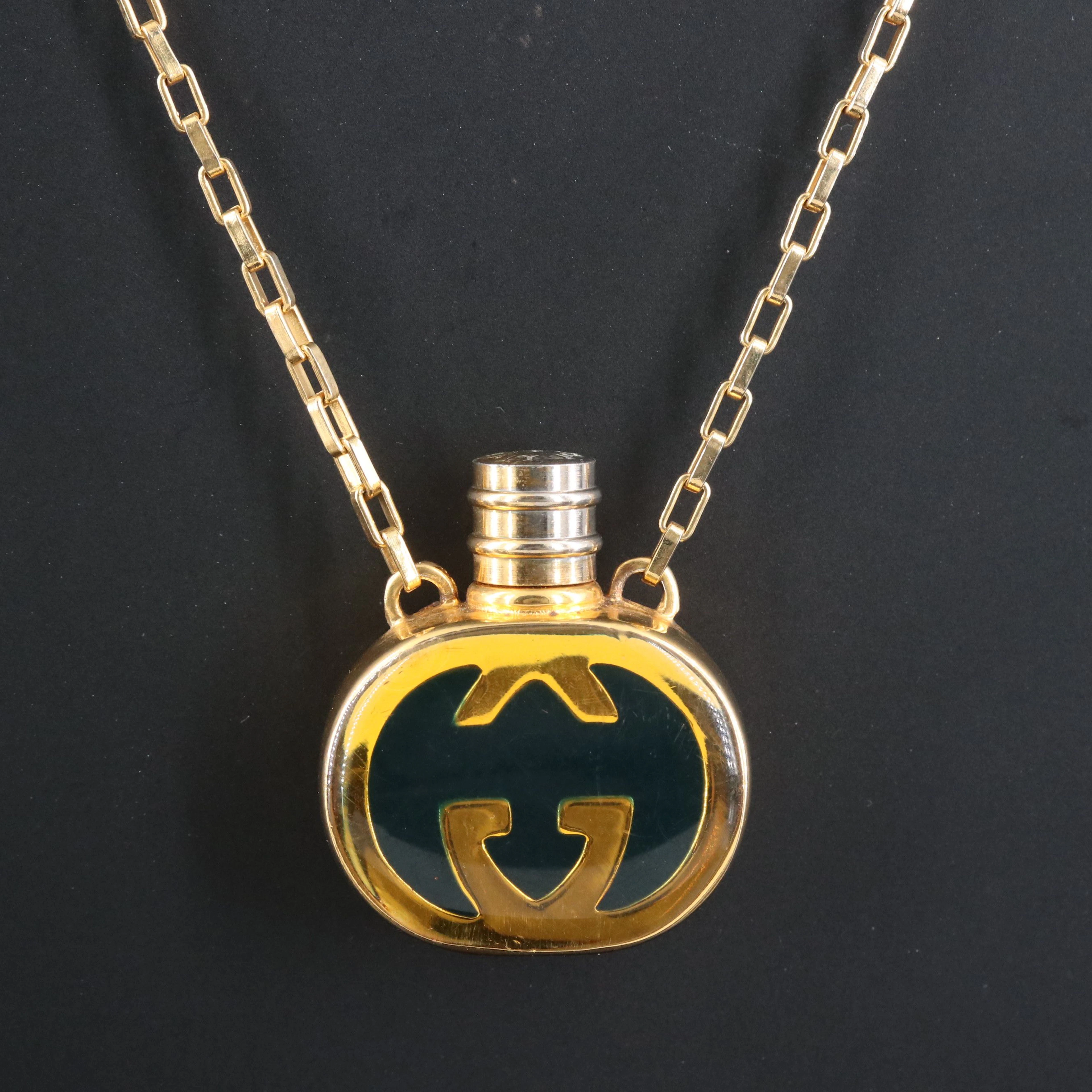 Vintage Gucci GG Blue Enamel Perfume Bottle Necklace