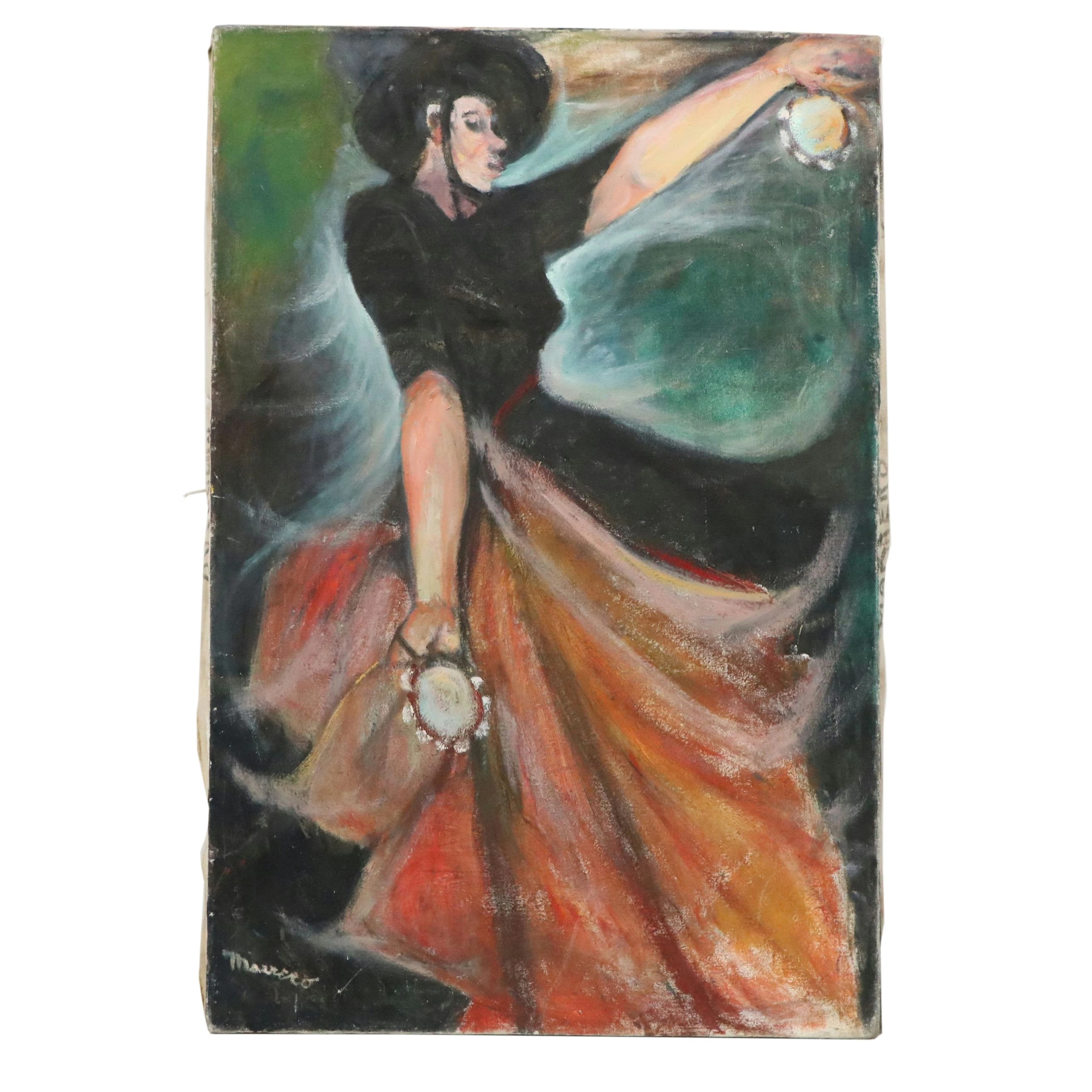 Edith Susarret Marrero Oil Painting of Dancer with Tambourines