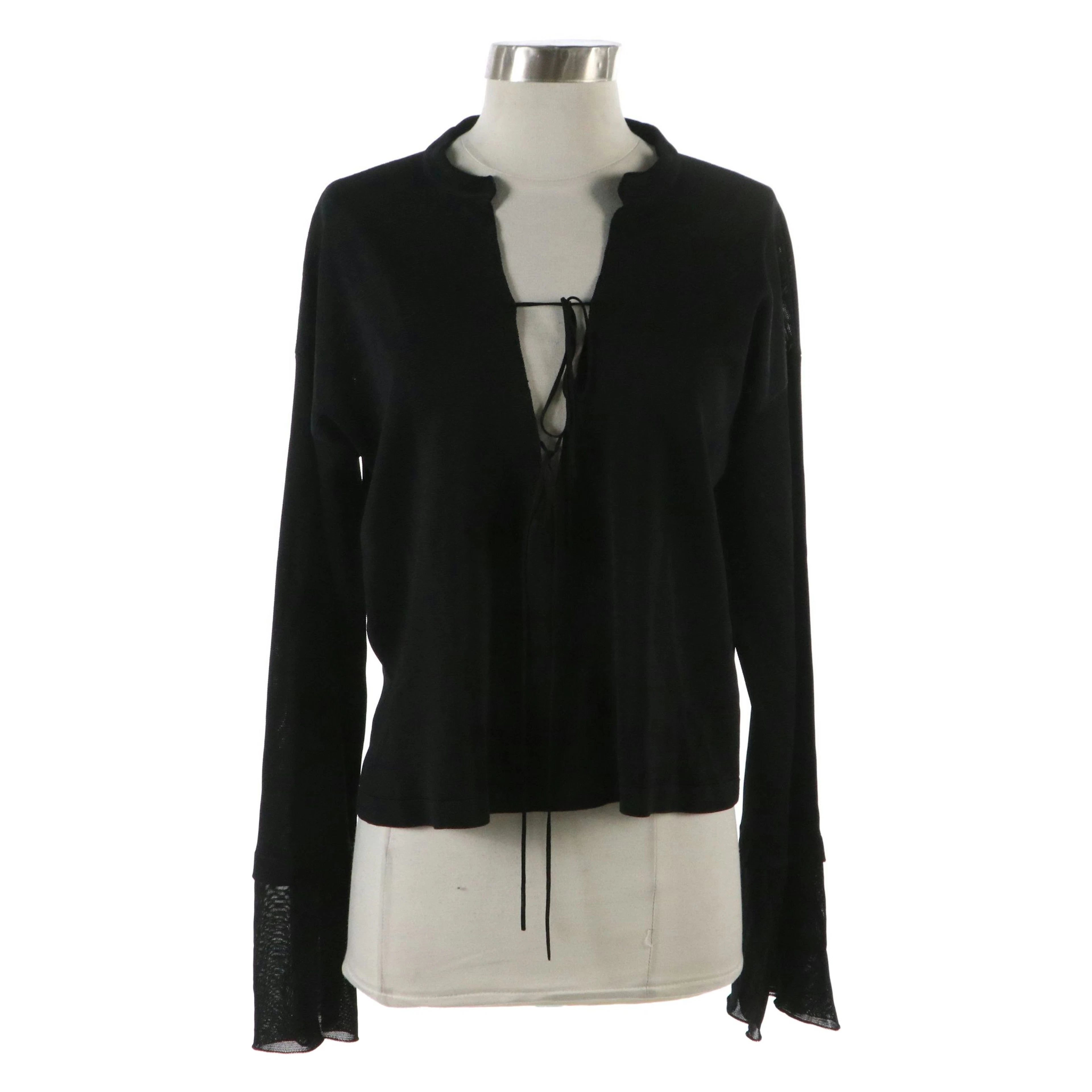 Tom Ford Double Front Tie V-Neck Long Sleeve Blouse in Black Knit