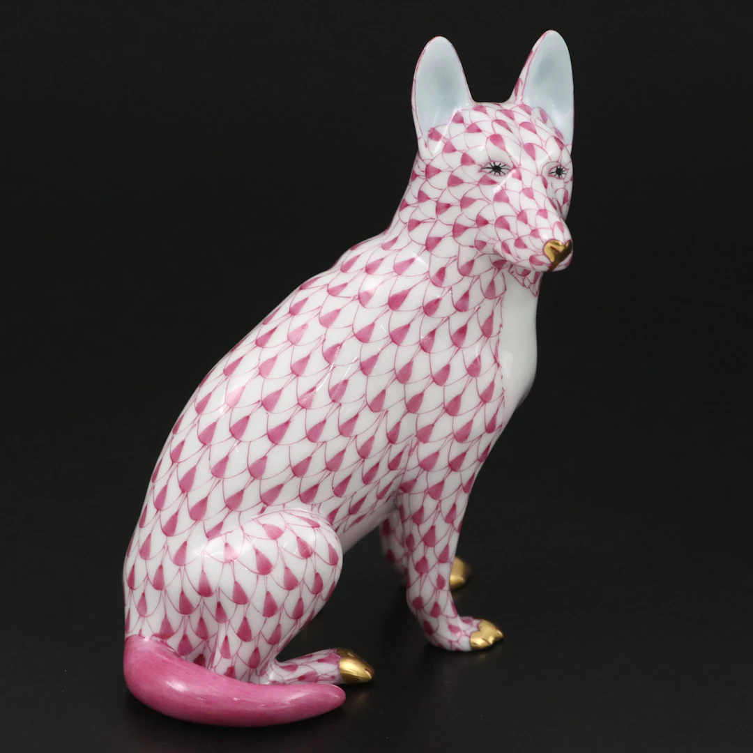 Herend Raspberry Fishnet with Gold "German Shepherd" Porcelain Figure