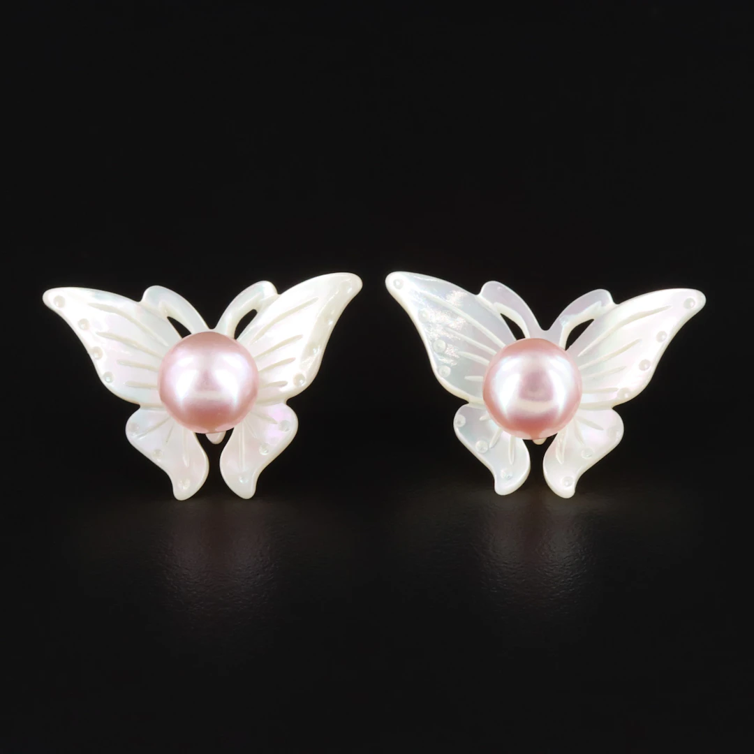 18K Pearl Stud Earrings with Butterfly Mother-of-Pearl Enhancers