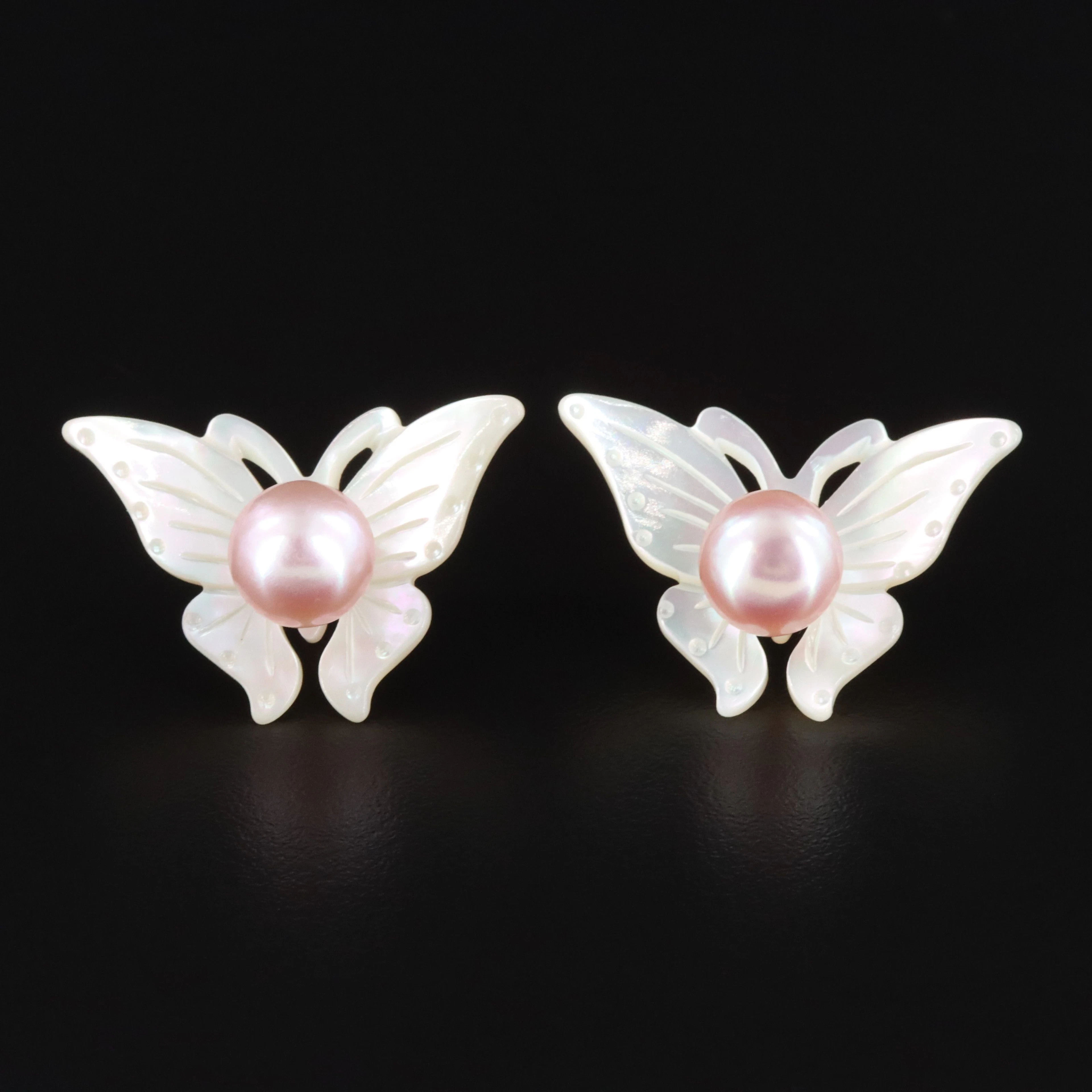 18K Pearl Stud Earrings with Butterfly Mother-of-Pearl Enhancers