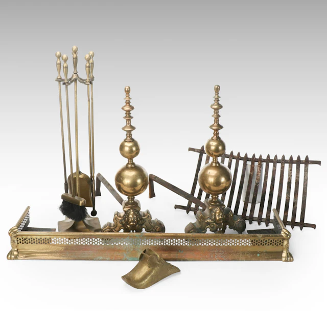 Victorian Style Brass Fender with Andirons and More Fireplace Accessories