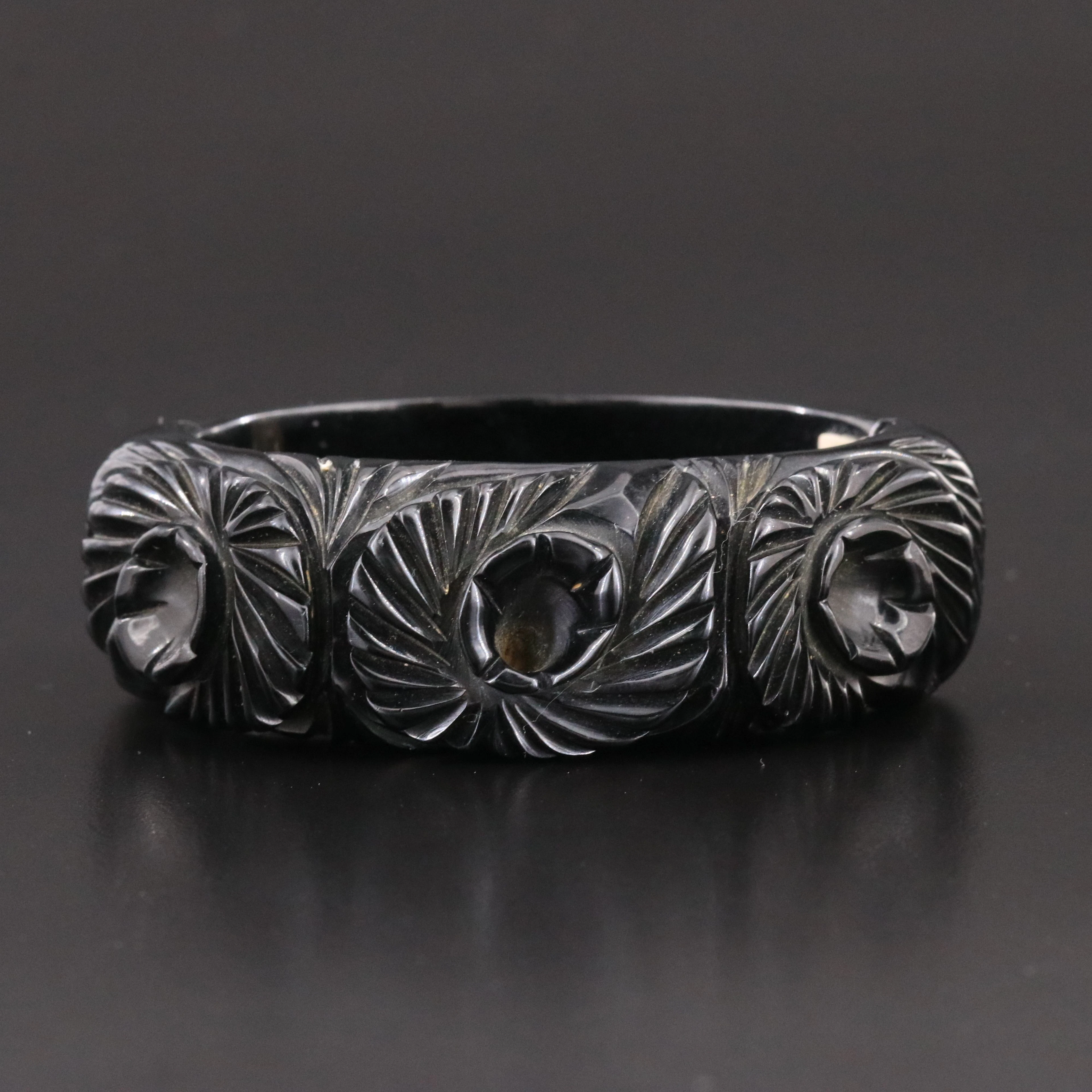 Vintage Jet Floral Clamper Cuff