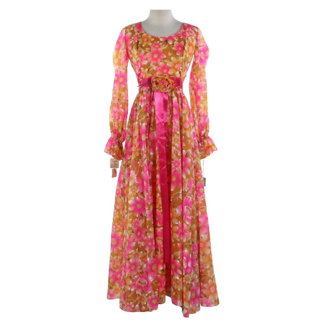 Jr. Theme Poet Sleeve Floral Print Gown with Waist Accent, Vintage 1960s