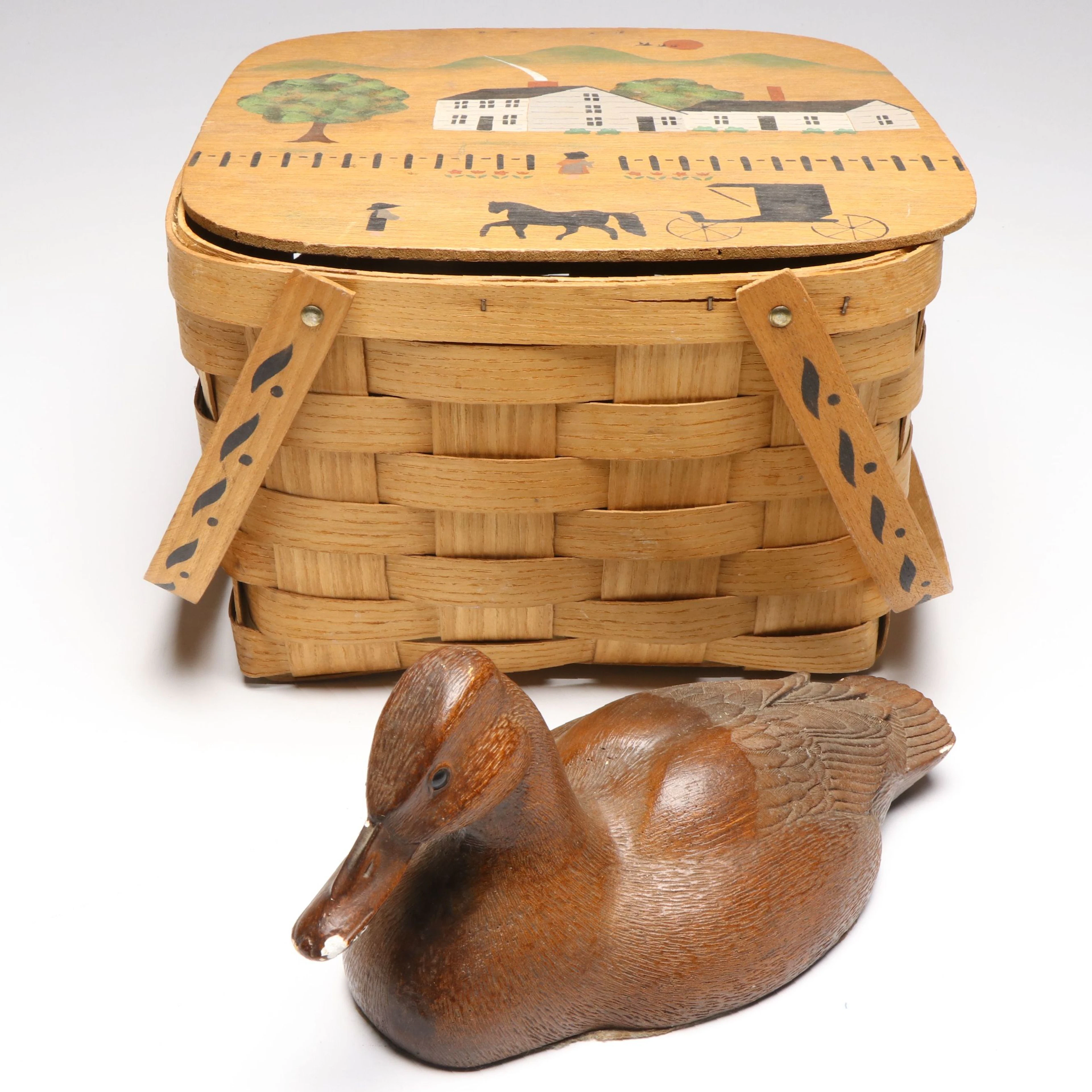 Hand-Painted Primitive Style Picnic Basket with Ceramic Duck Figure
