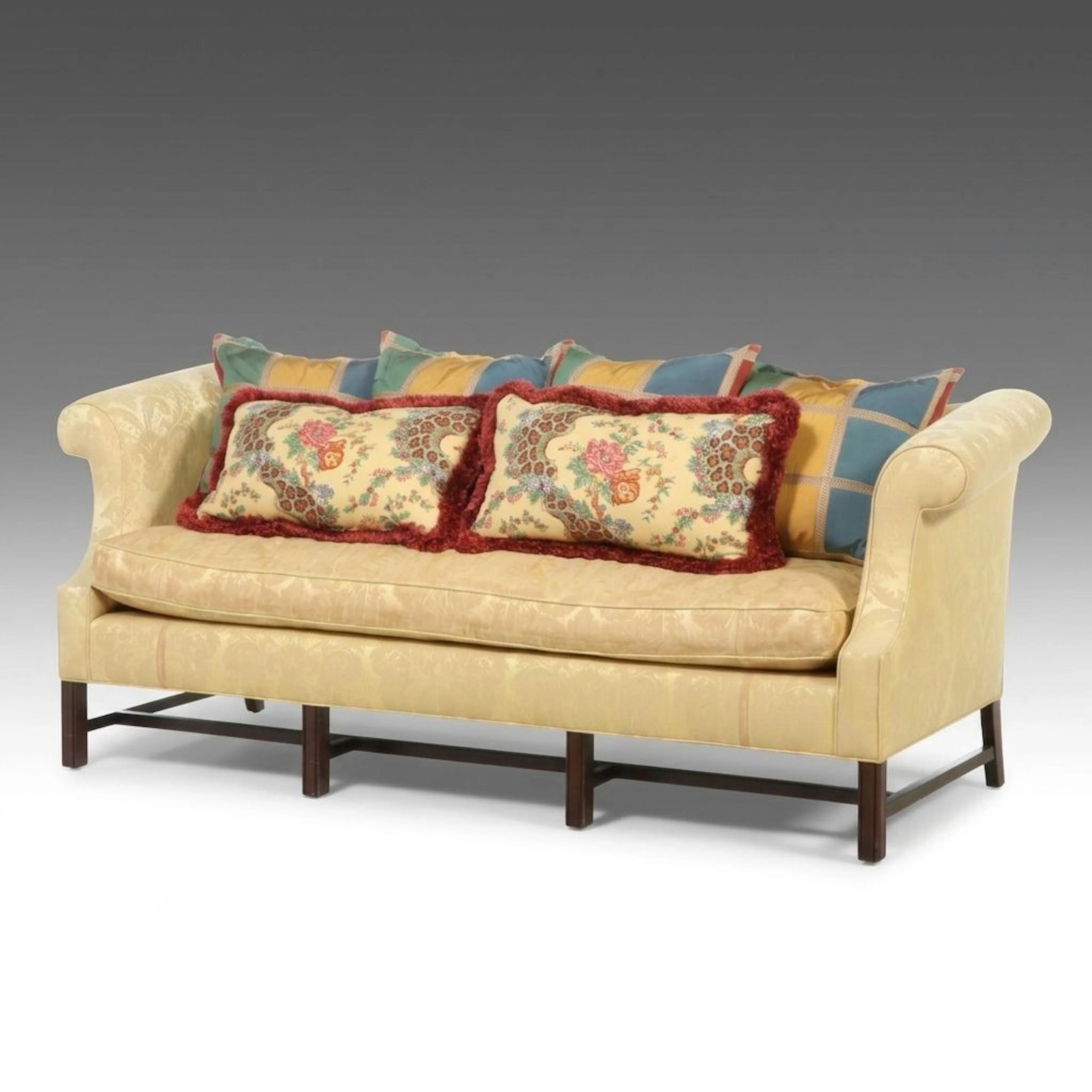Chippendale Style Camel Back Sofa in Butter Yellow Damask