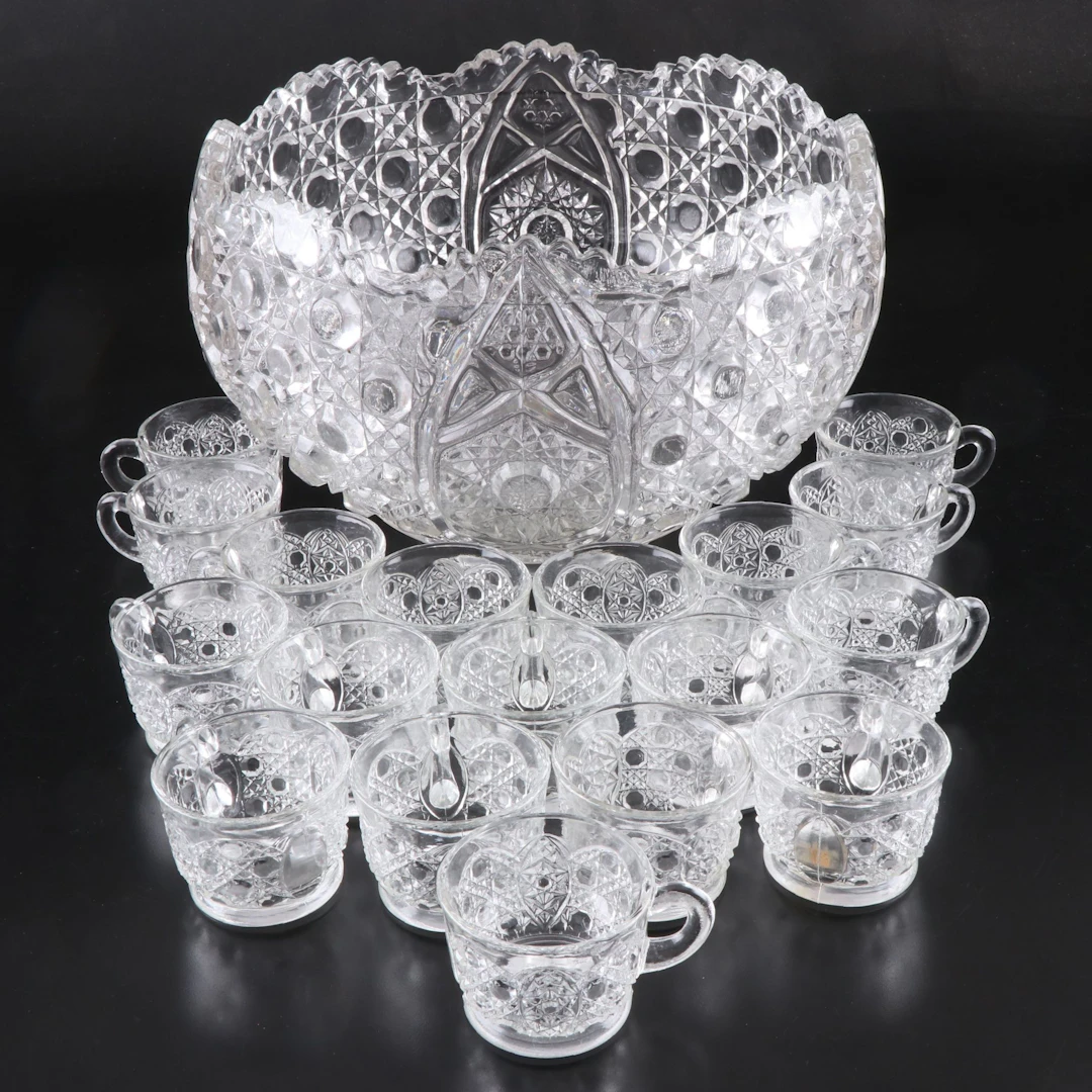 Smith Glass "Daisy and Button" Punch Bowl and Cups, 1970s