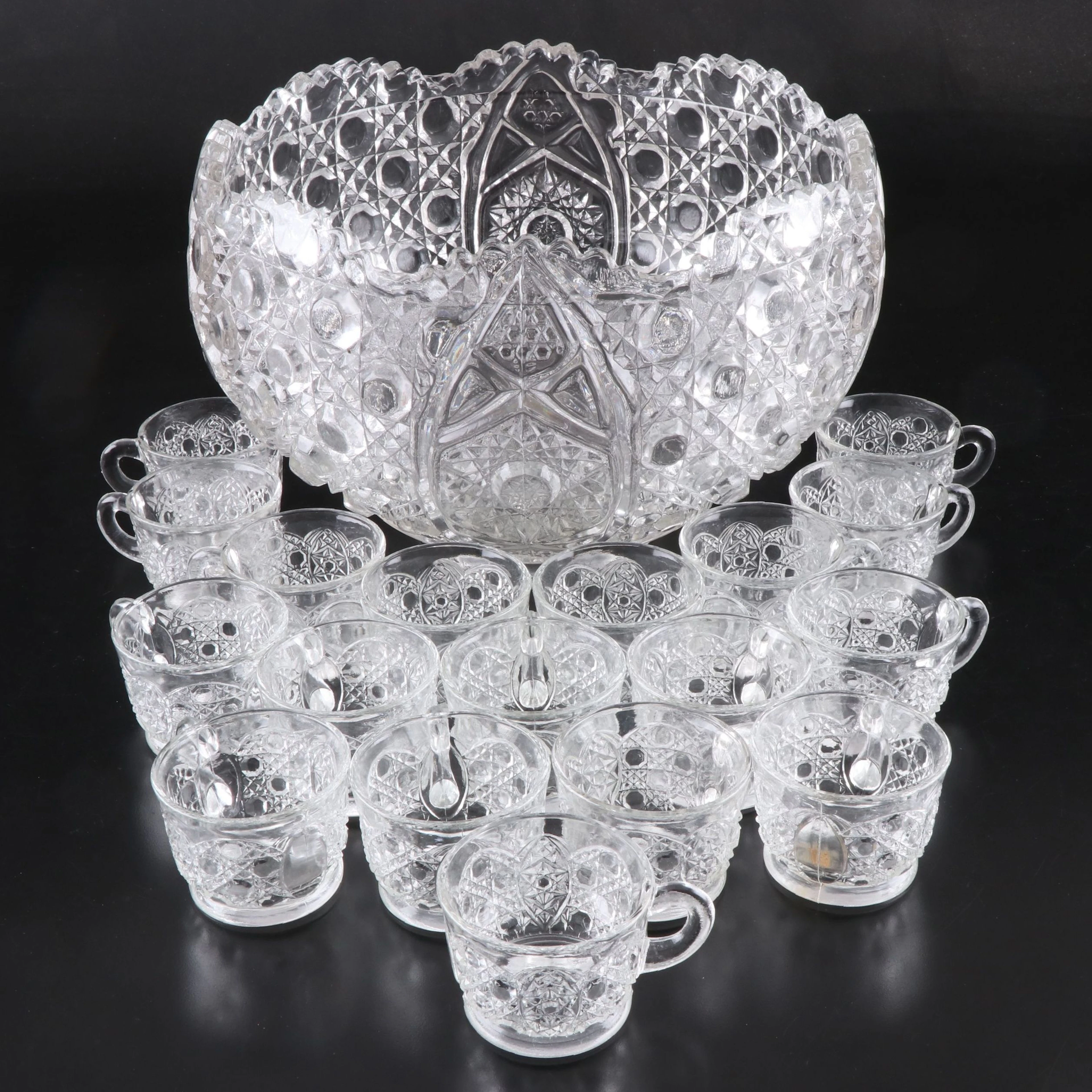 Smith Glass "Daisy and Button" Punch Bowl and Cups, 1970s