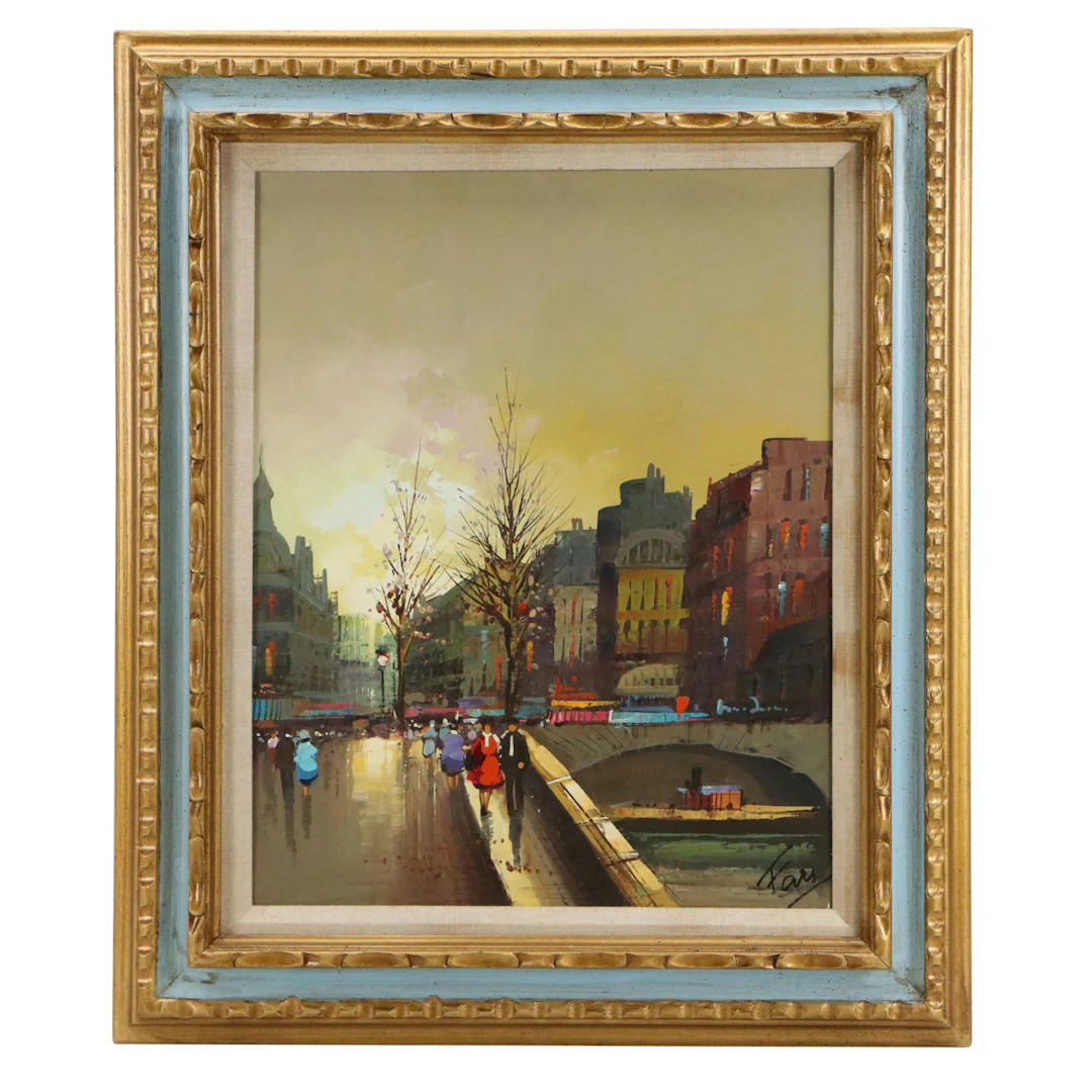 Impressionistic Oil Painting of European Streetscape, Mid to Late 20th Century
