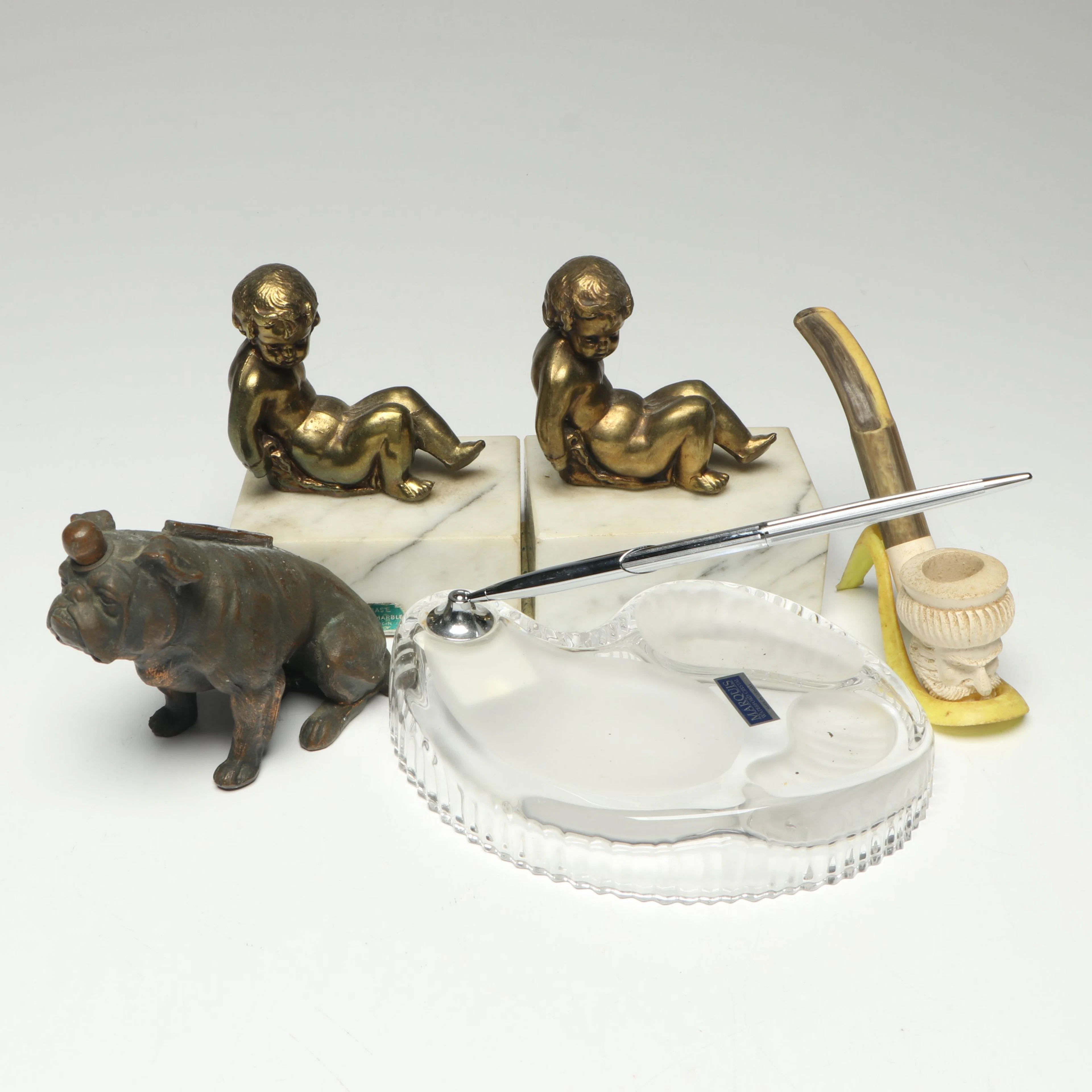 Italian Cherub Bookends, Bulldog Desk Ornament, Pen Holder and Pipe, 20th C.