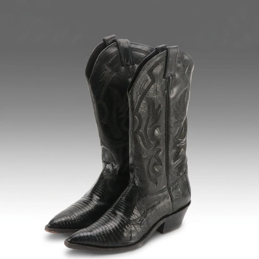 Justin Black Leather and Lizard Skin Western Boots