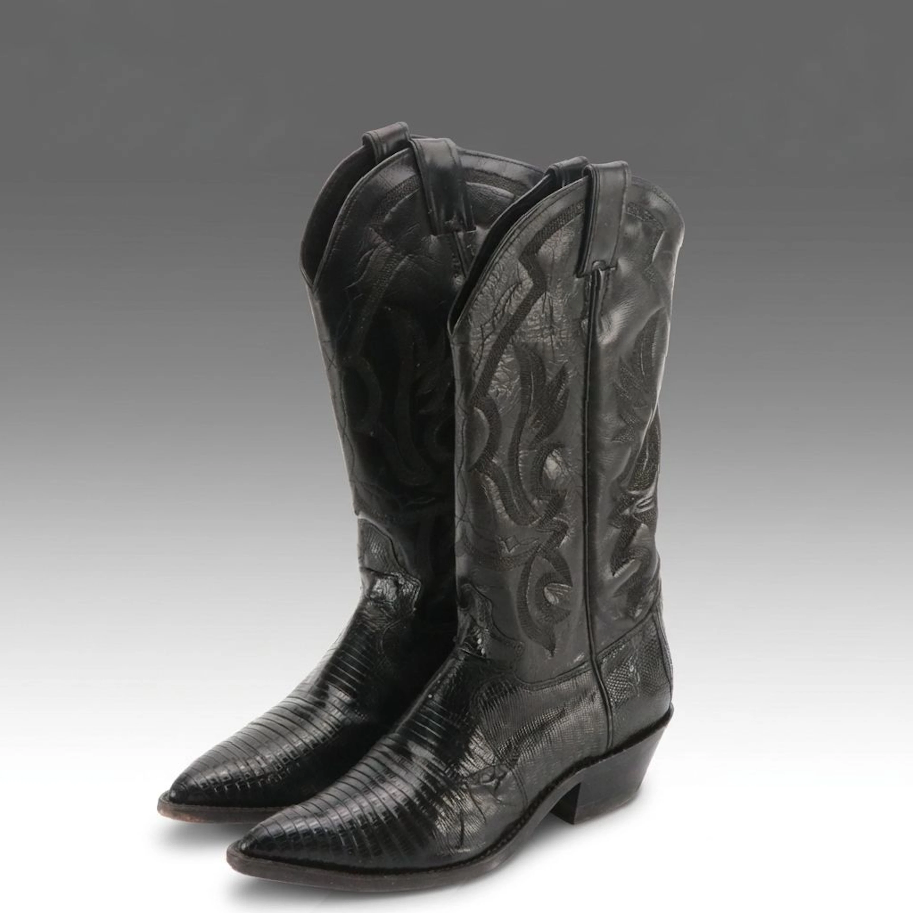 Justin Black Leather and Lizard Skin Western Boots