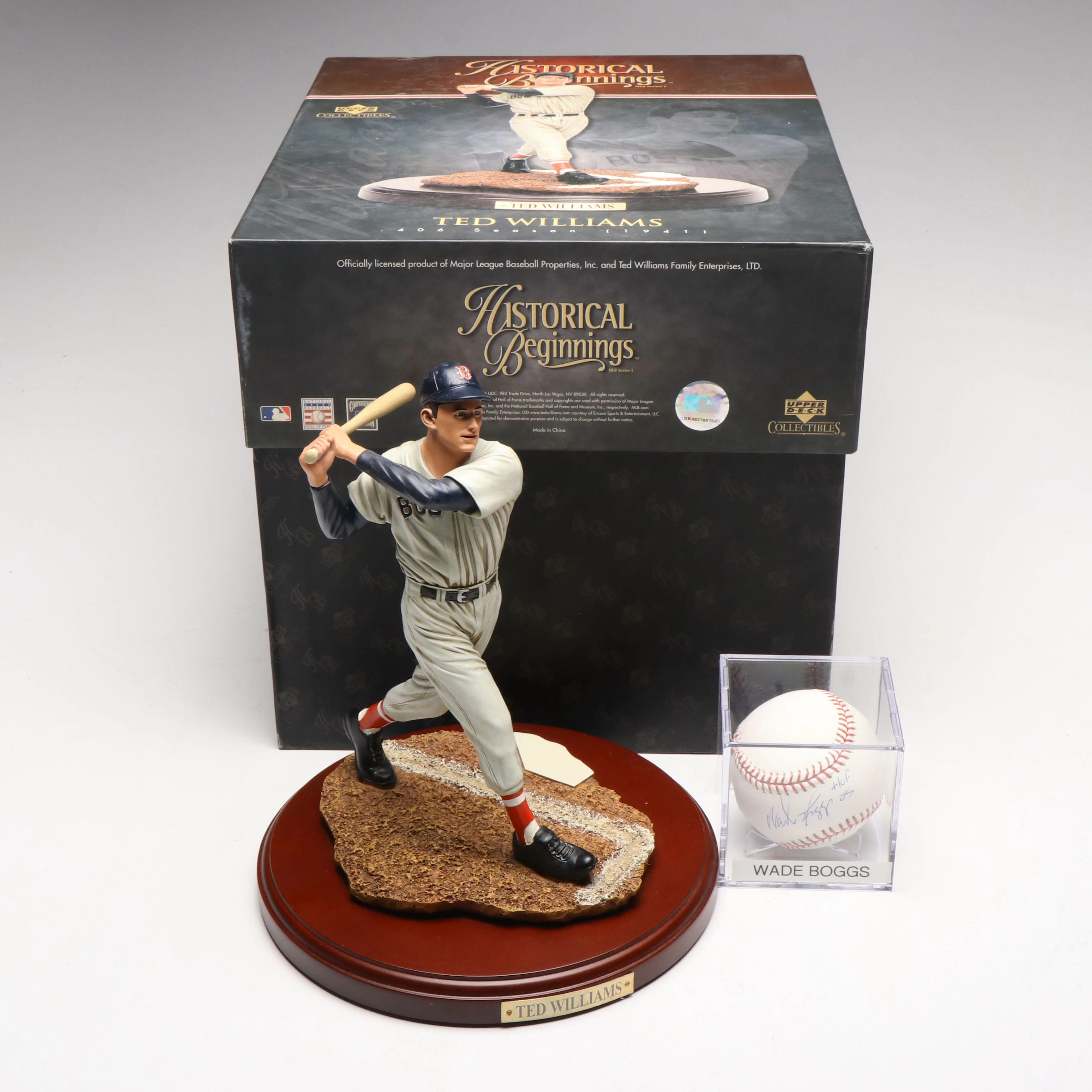 Wade Boggs Signed Rawlings Baseball with Ted Williams Upper Deck Figurine