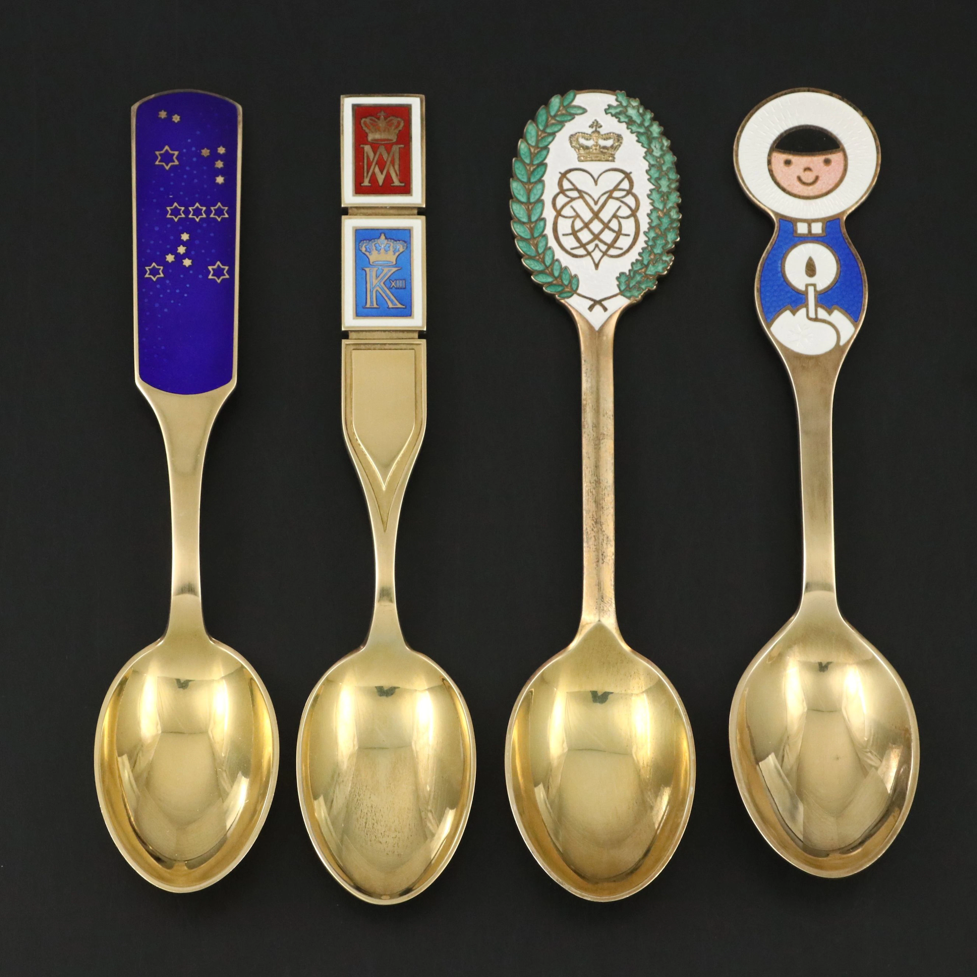 Anton Michelsen Enameled Gilded Sterling Silver Souvenir Spoons, 1960s