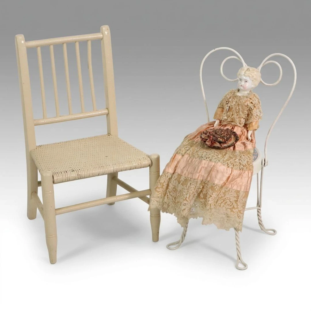 Porcelain Doll with Wrought Metal and Wooden Children's Chairs