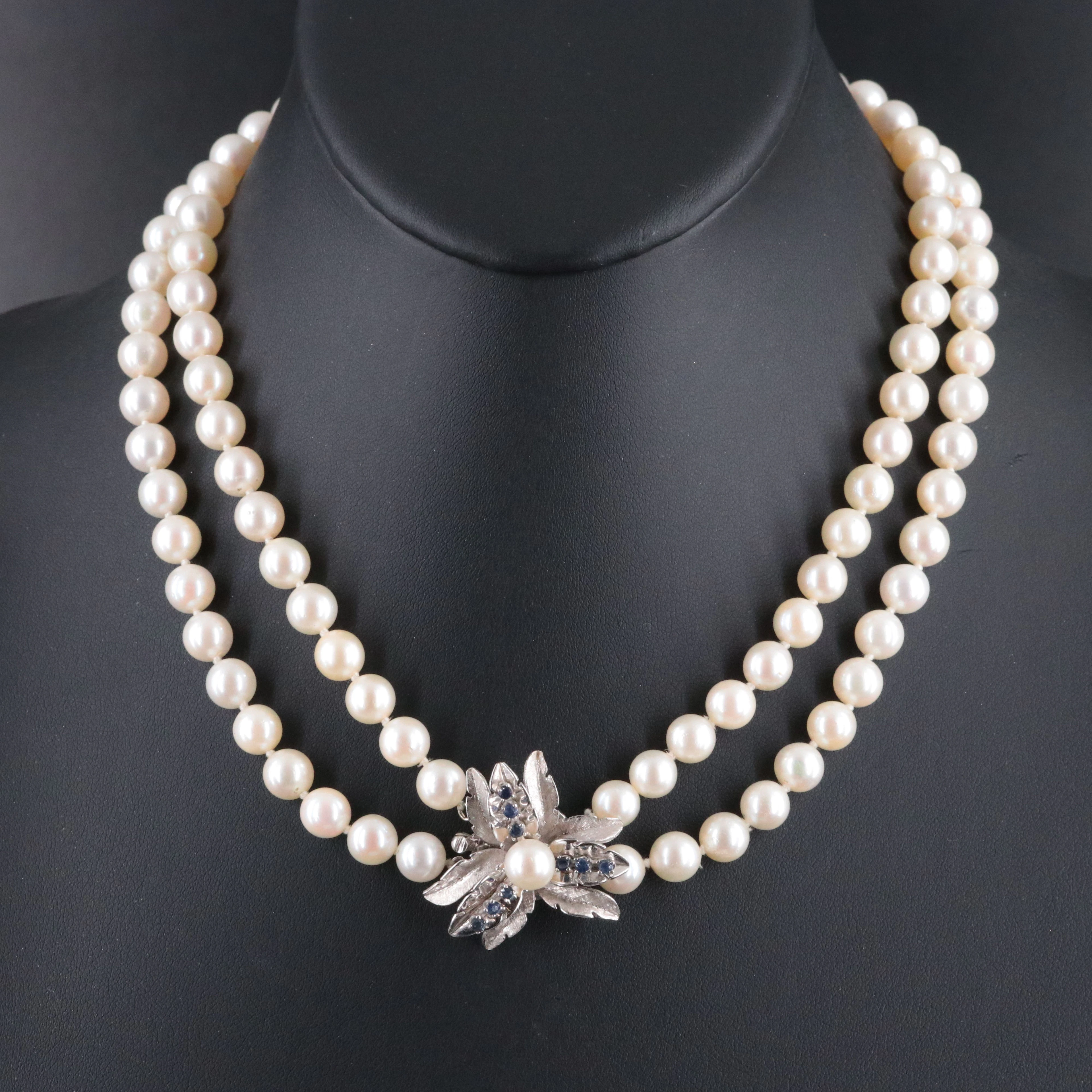 Double Strand Pearl Necklace with 14K Orchid Flower Clasp with Sapphire Accents