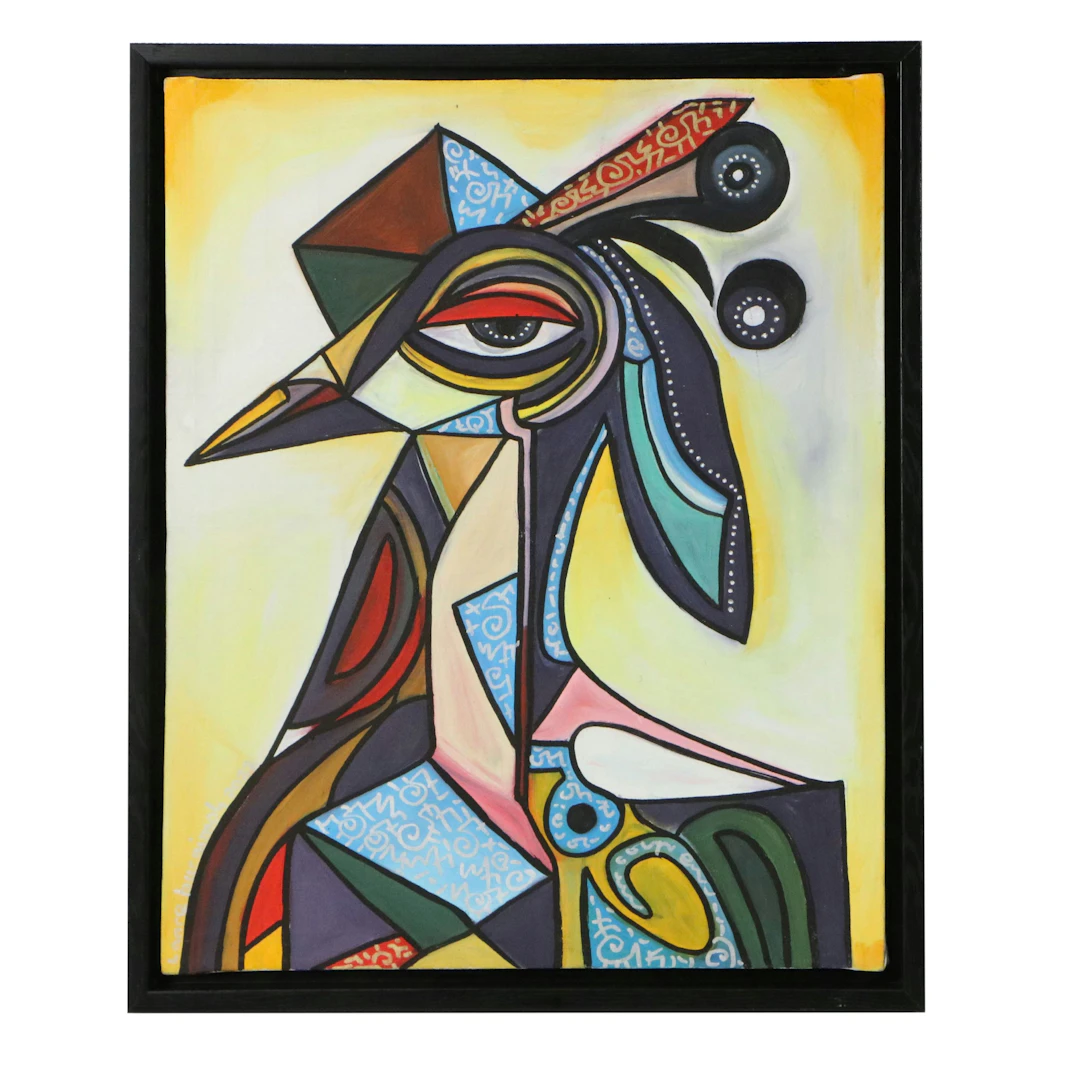 Lanre Buraimoh Cubist Style Acrylic Painting "Baby Peacock," 2022