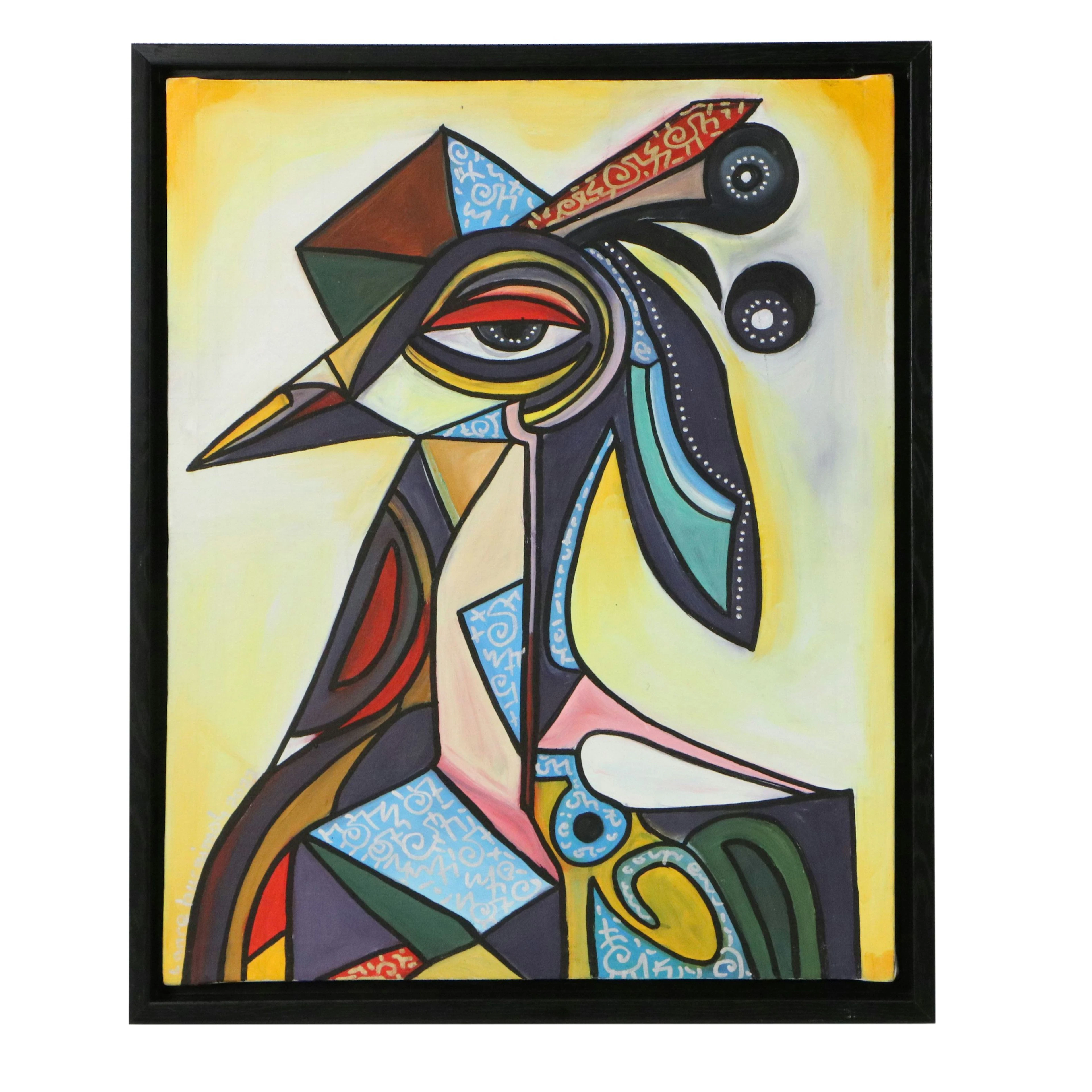 Lanre Buraimoh Cubist Style Acrylic Painting "Baby Peacock," 2022