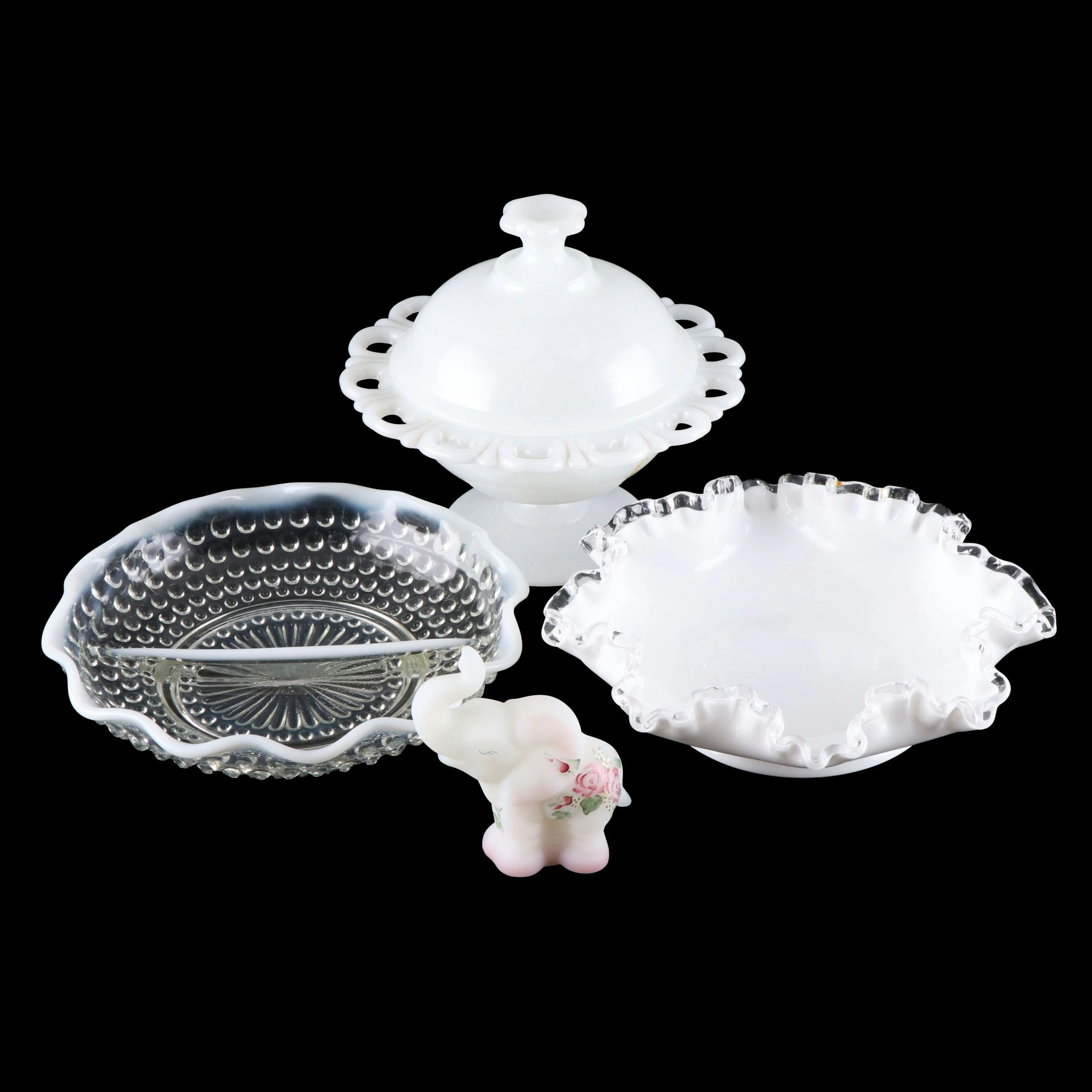 Anchor Hocking "Lace Edge" Milk Glass Compote with Fenton Bowls and Figurine
