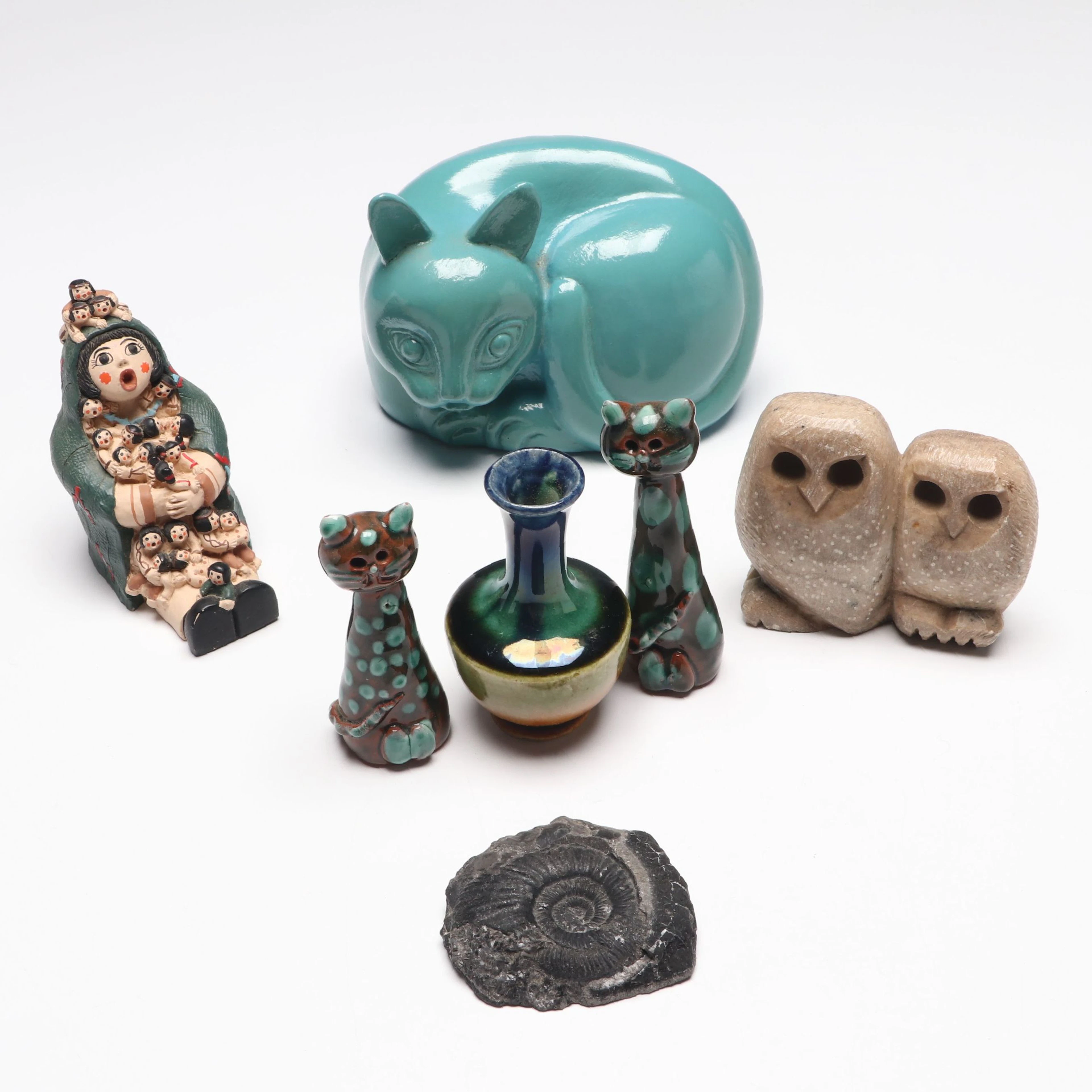 Art Pottery Speckled Ceramic Cats and Vase with Carved Owl and More Décor