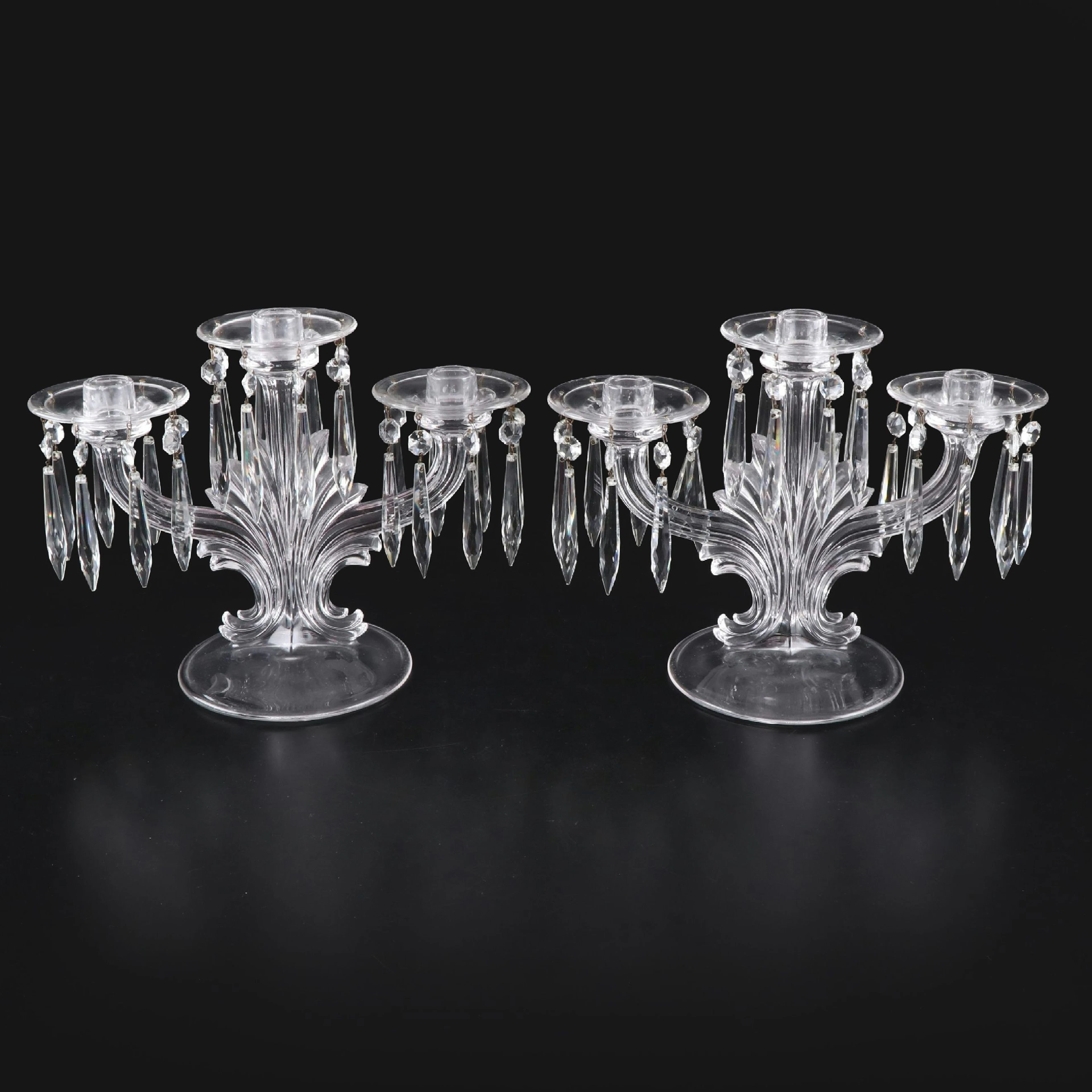 Fostoria Pressed Glass Luster Candelabras, Early to Mid-20th Century