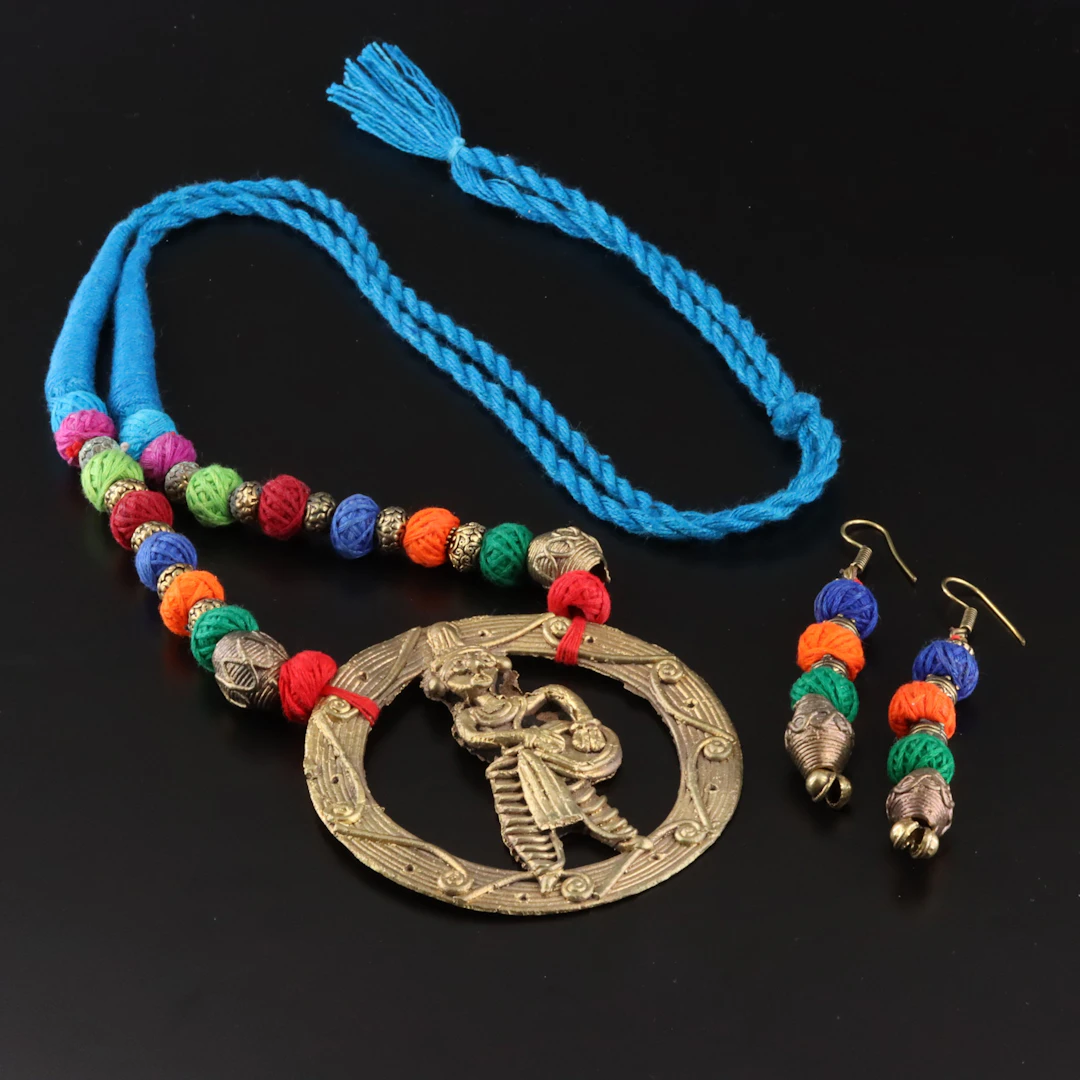 Indian Brass Dhokra Style Figural Necklace & Earrings Set