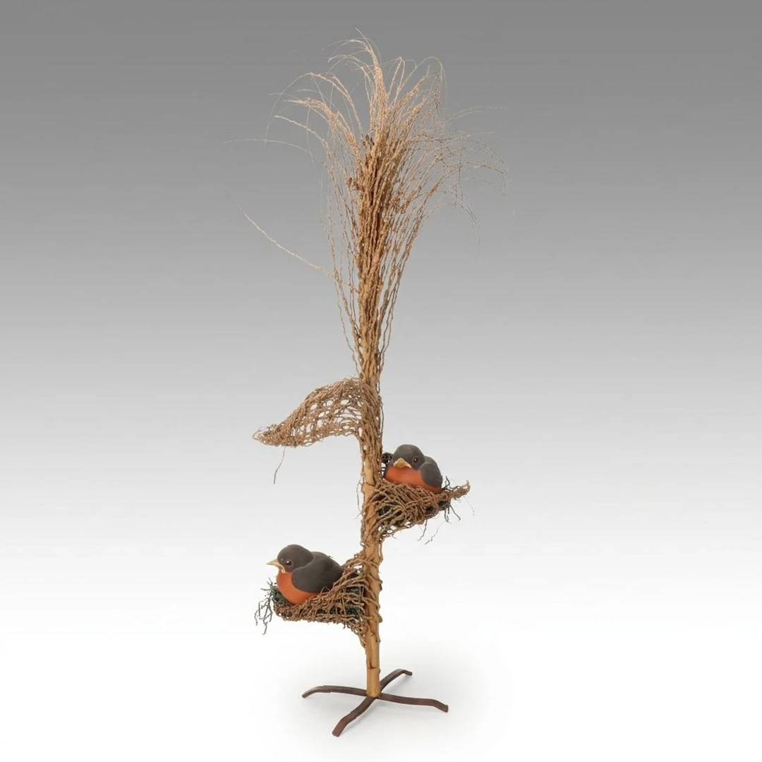 Chester Nicodemus Ferro-Stone Robin Figurines with Broomcorn Tree and Nests