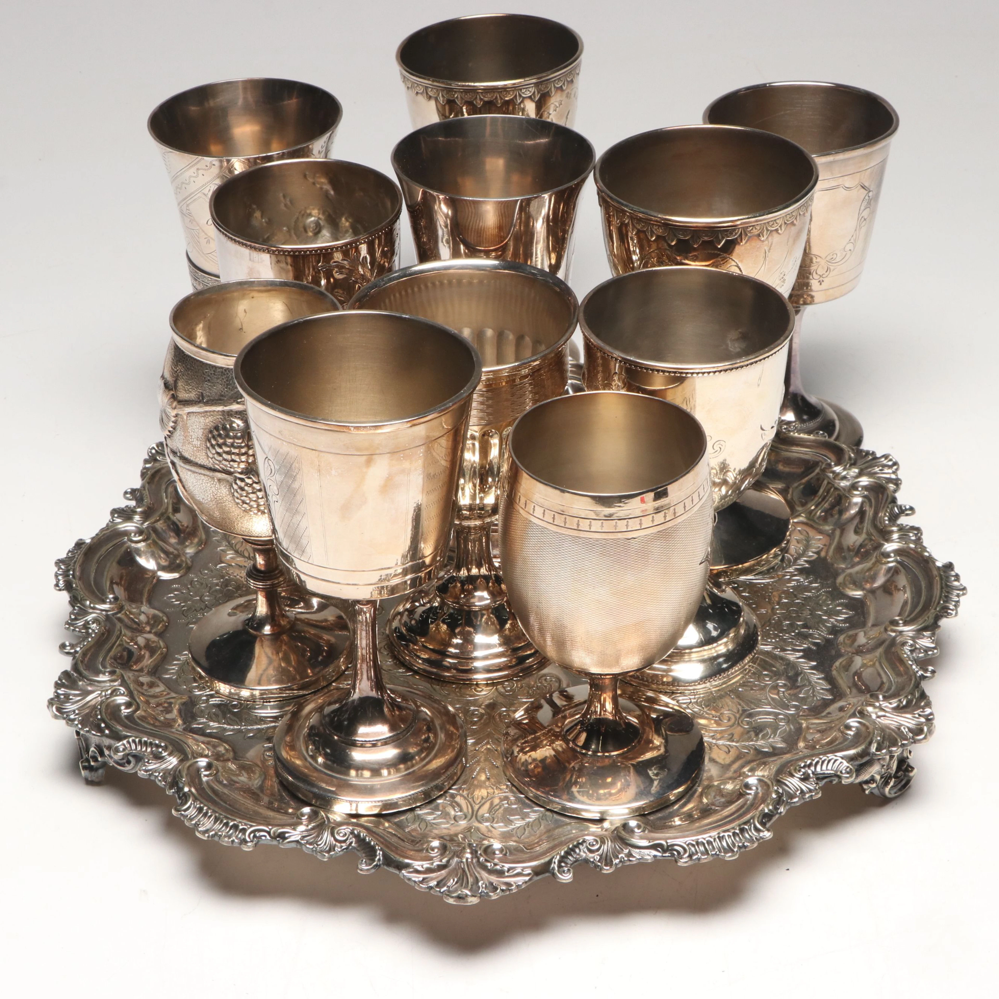 American Aesthetic Movement Silver Plate Goblet Collection with Barker Tray