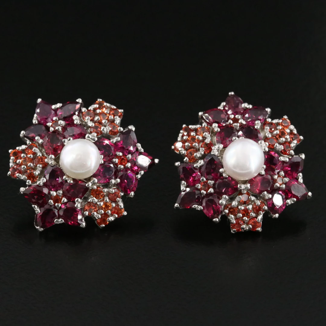 Sterling Pearl, Garnet and Sapphire Earrings