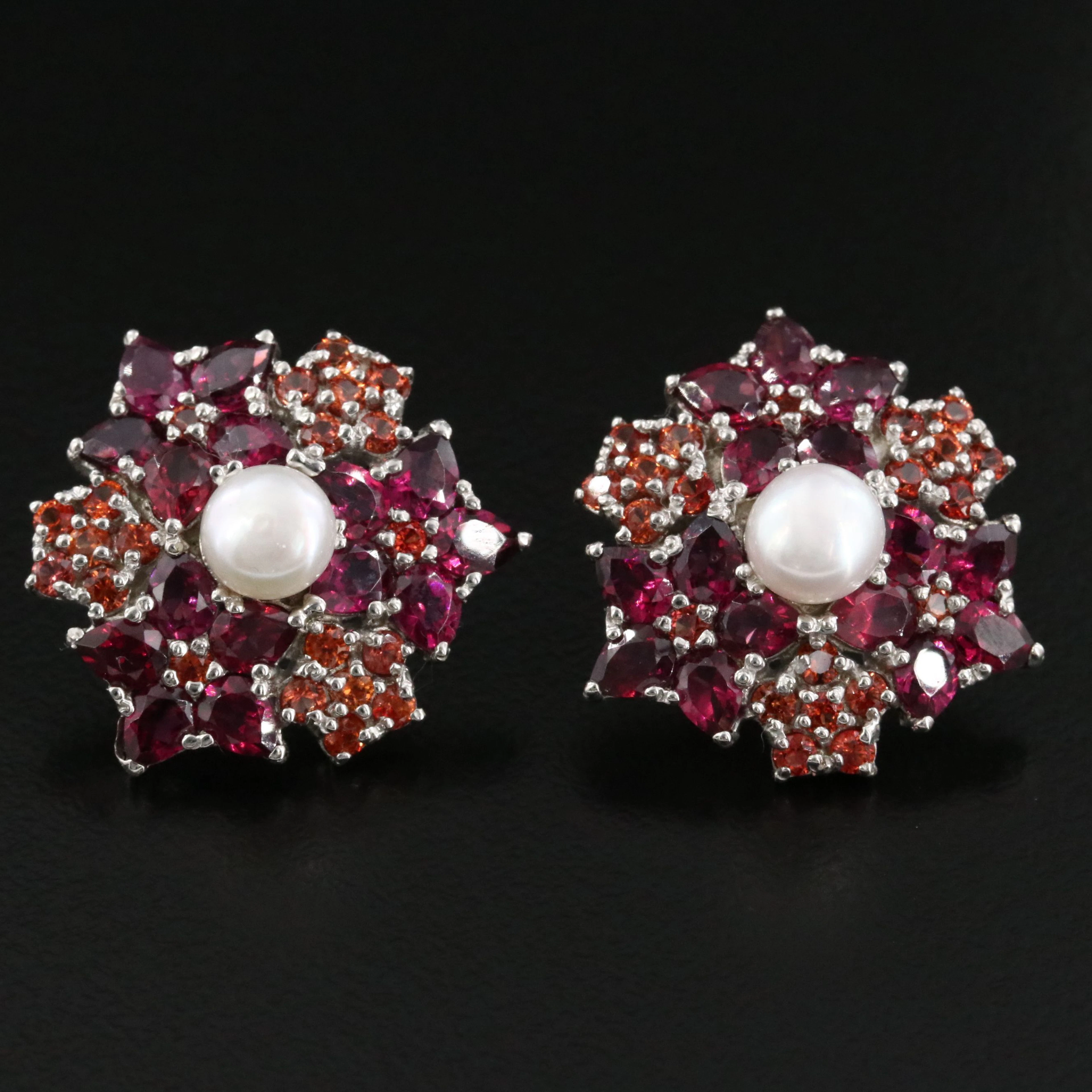 Sterling Pearl, Garnet and Sapphire Earrings