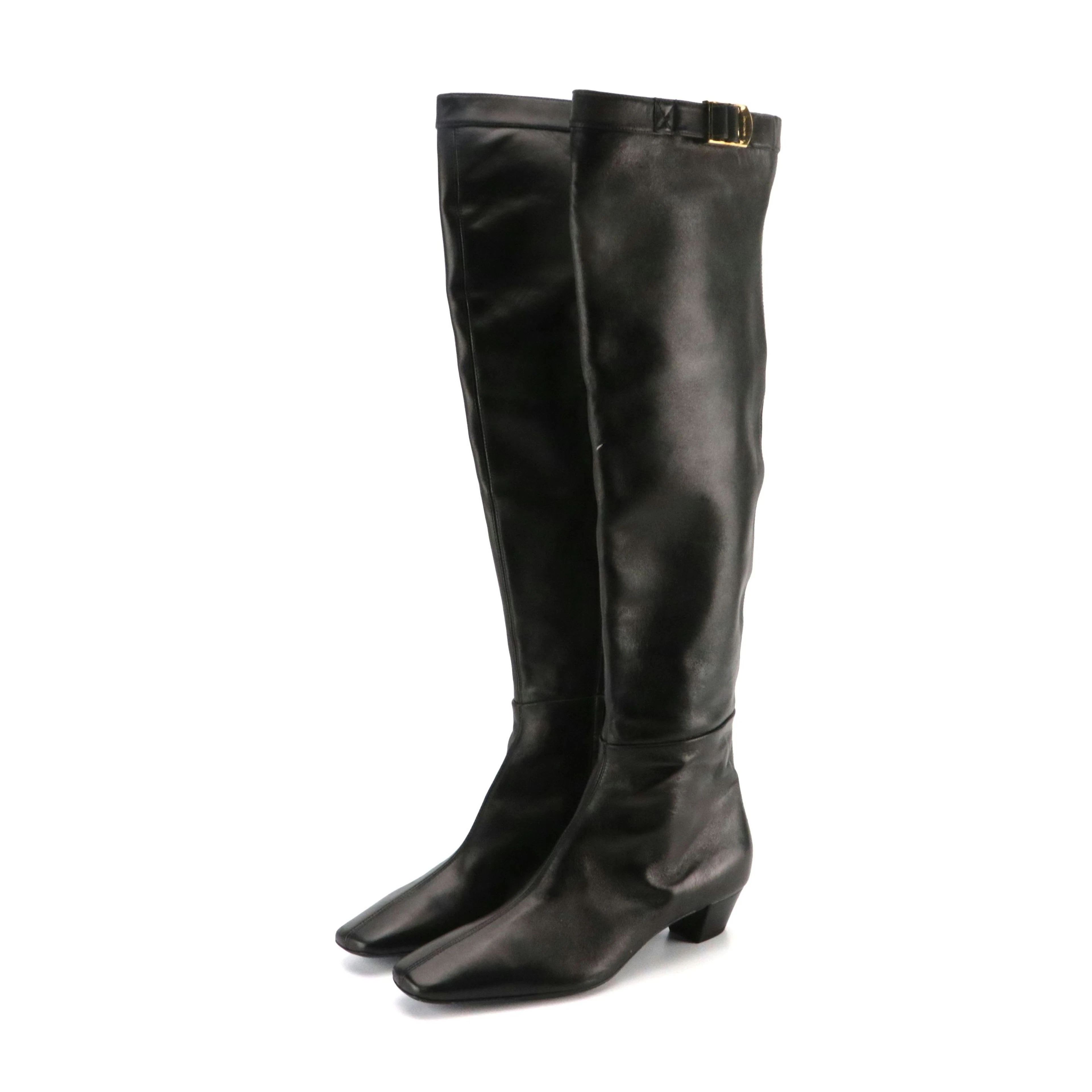 Tom Ford Buckle Detailed Knee-High Boots in Black Leather