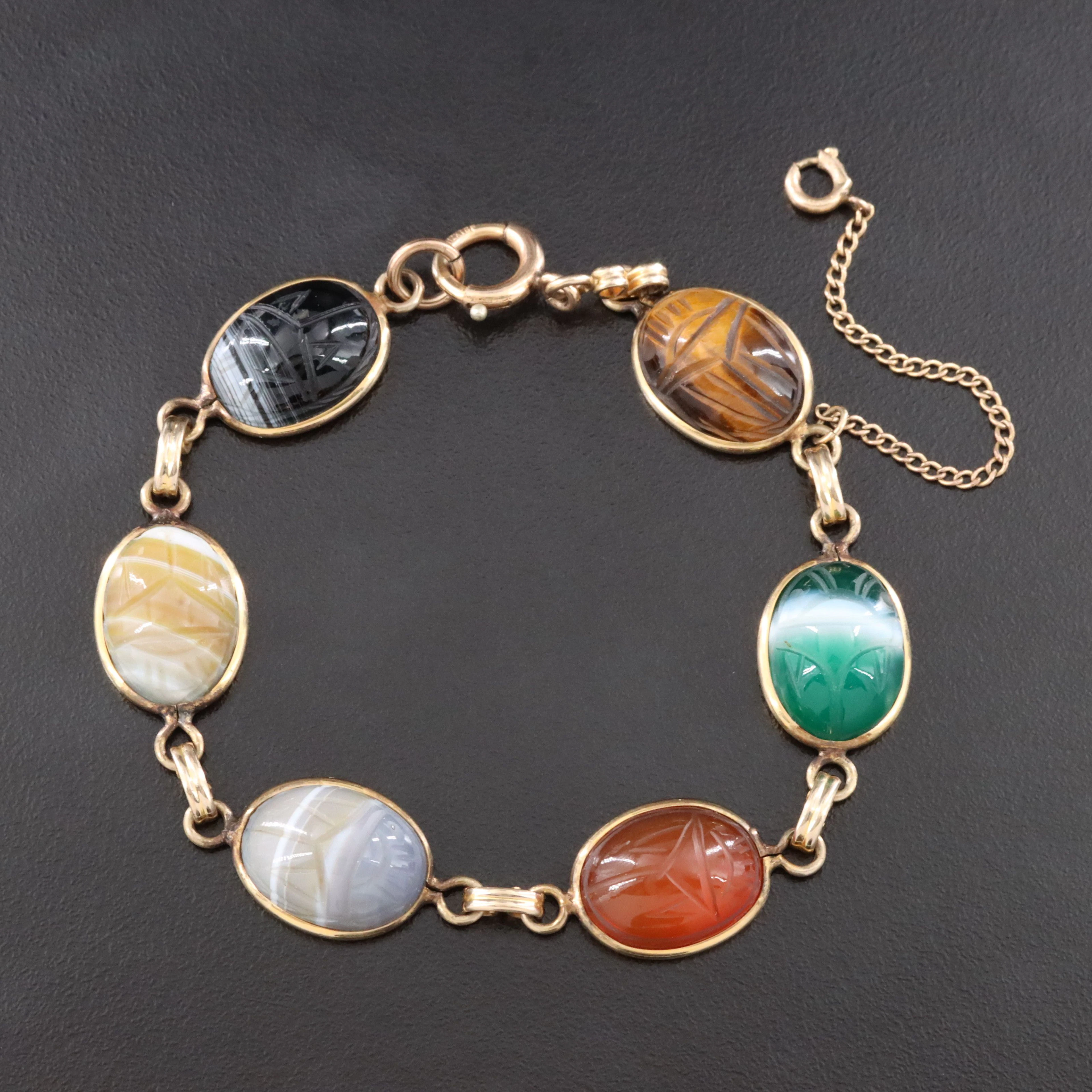 Vintage Gold-Filled Carved Scarab Bracelet with Agate and Tigers Eye