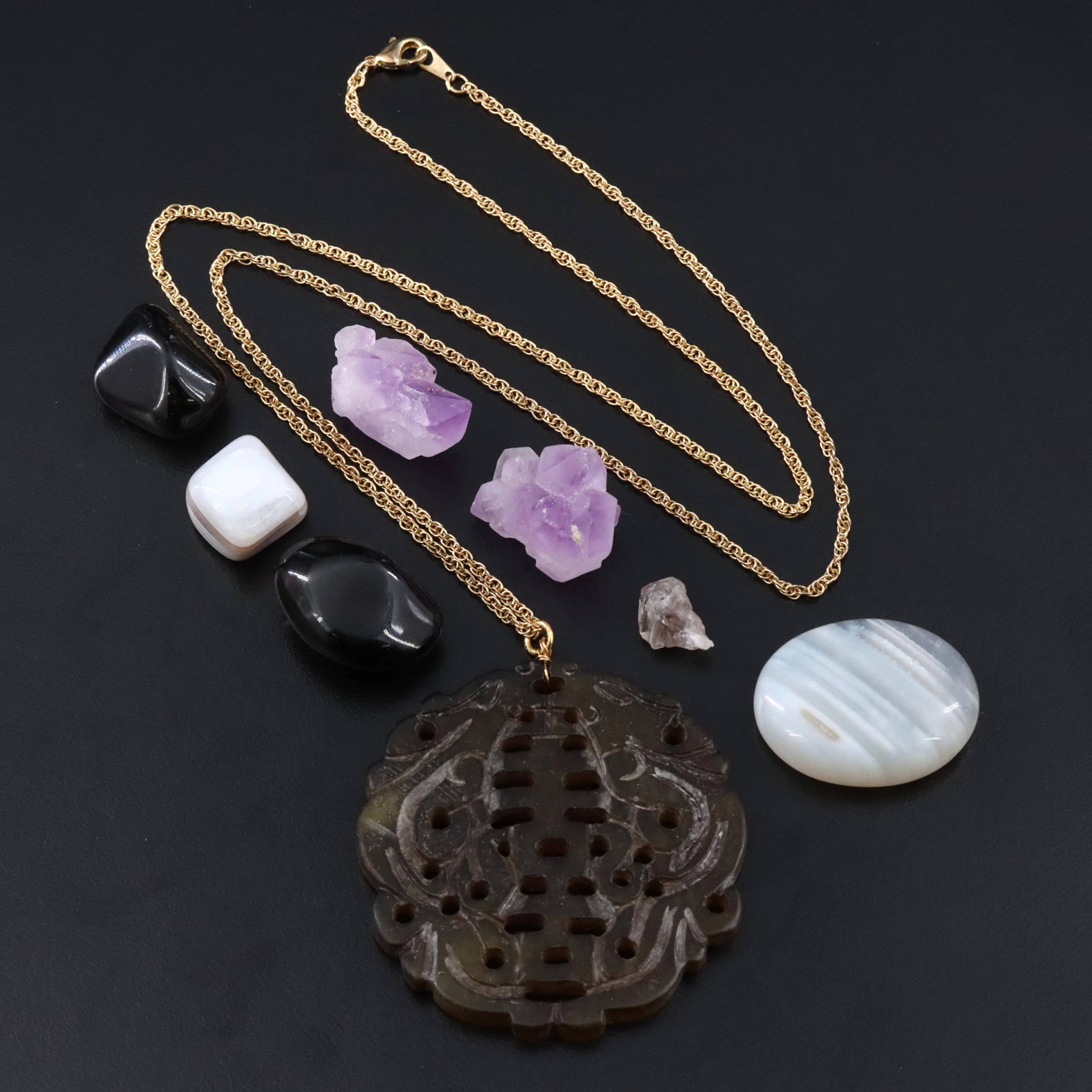 Pendant Necklace and Assorted Gems with Agate, Amethyst and Obsidian