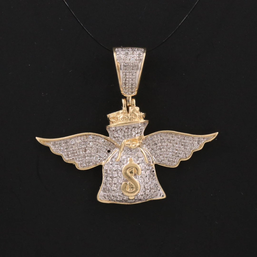 10K 0.33 CTW Pavé Diamond Money Bag with Wings Pendant