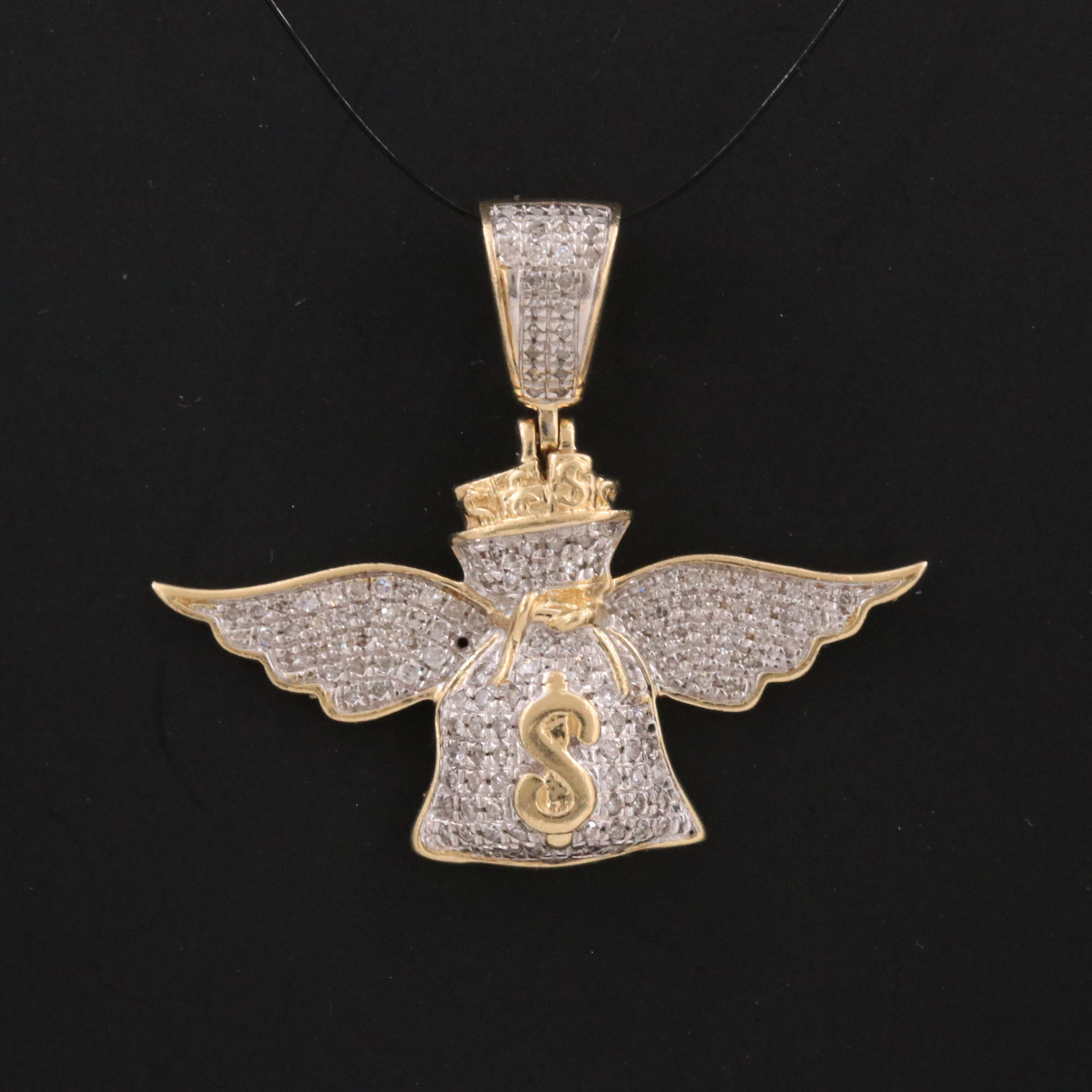 10K 0.33 CTW Pavé Diamond Money Bag with Wings Pendant