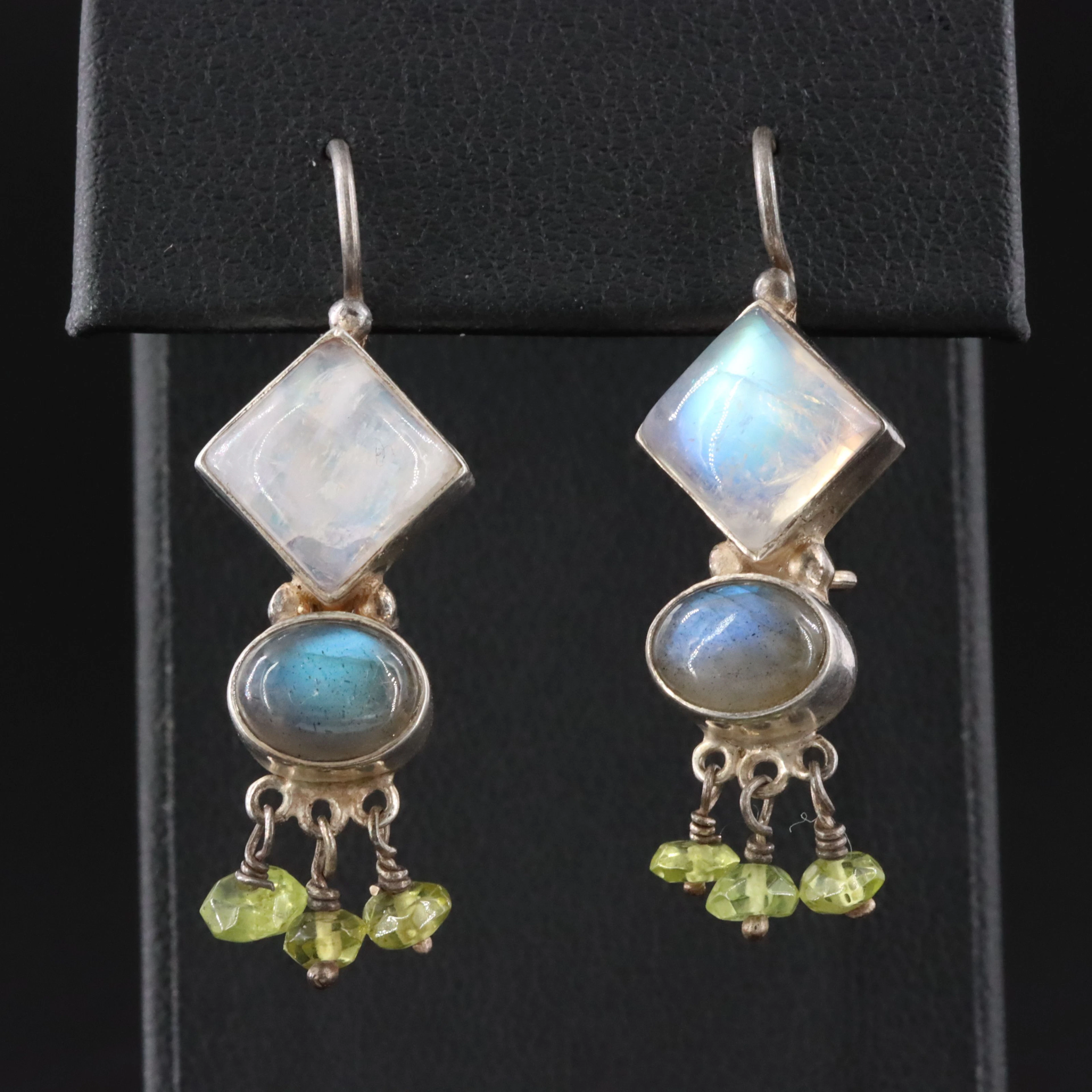 Sterling Moonstone, Labradorite and Peridot Drop Earrings