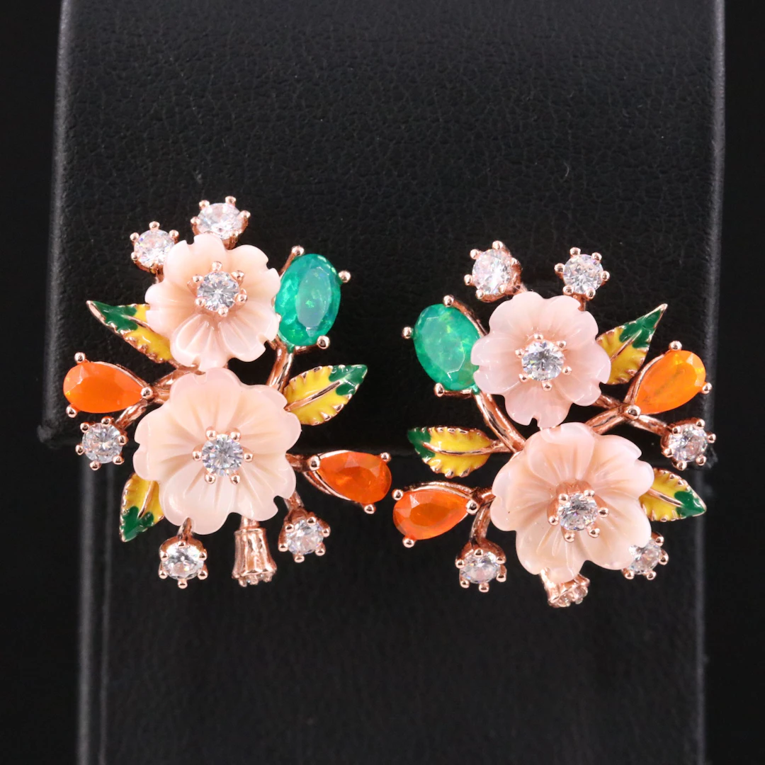 Sterling Mother-of-Pearl, Opal, CZ, and Enamel Earrings