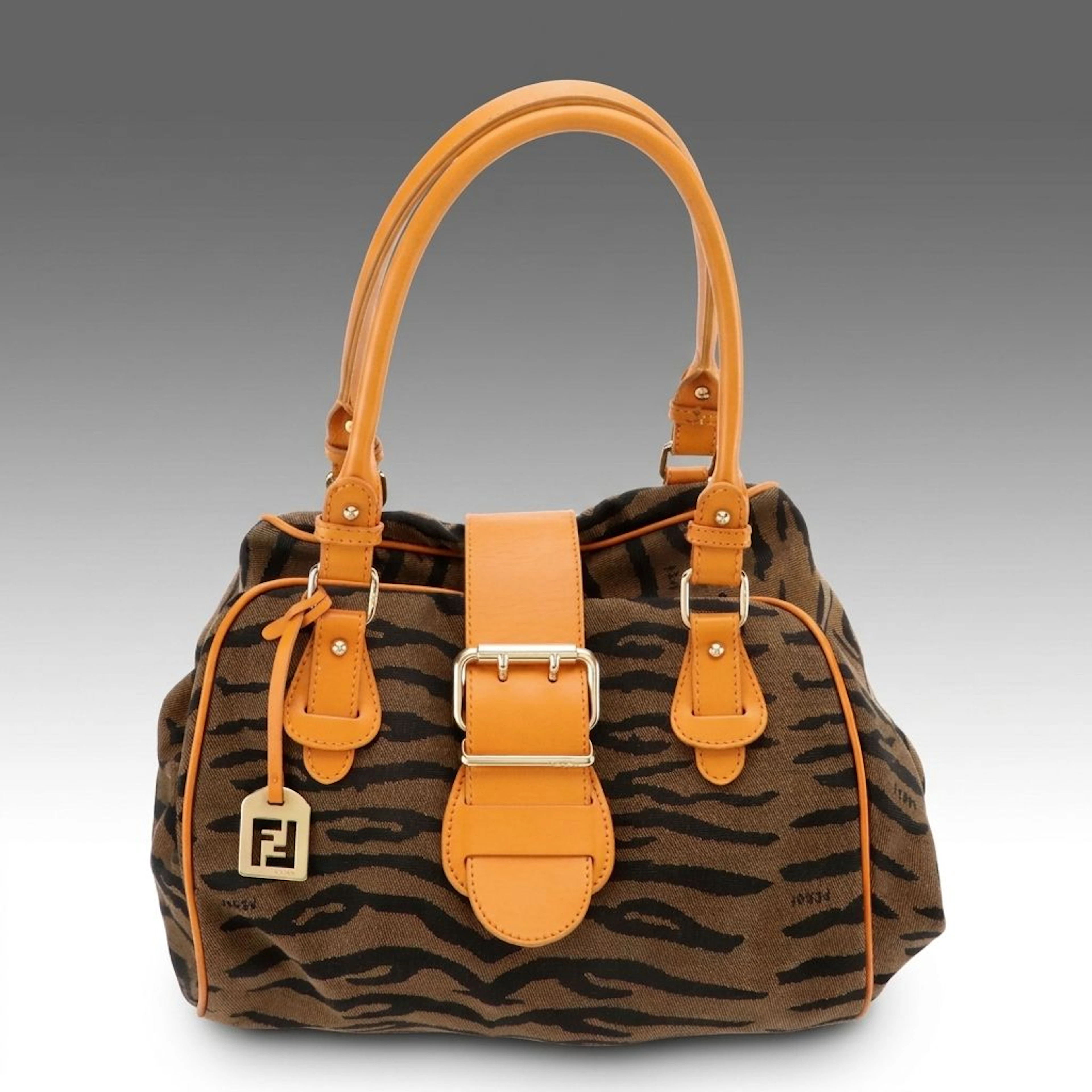 Fendi Tiger Printed Canvas and Orange Leather Belted Shoulder Bag