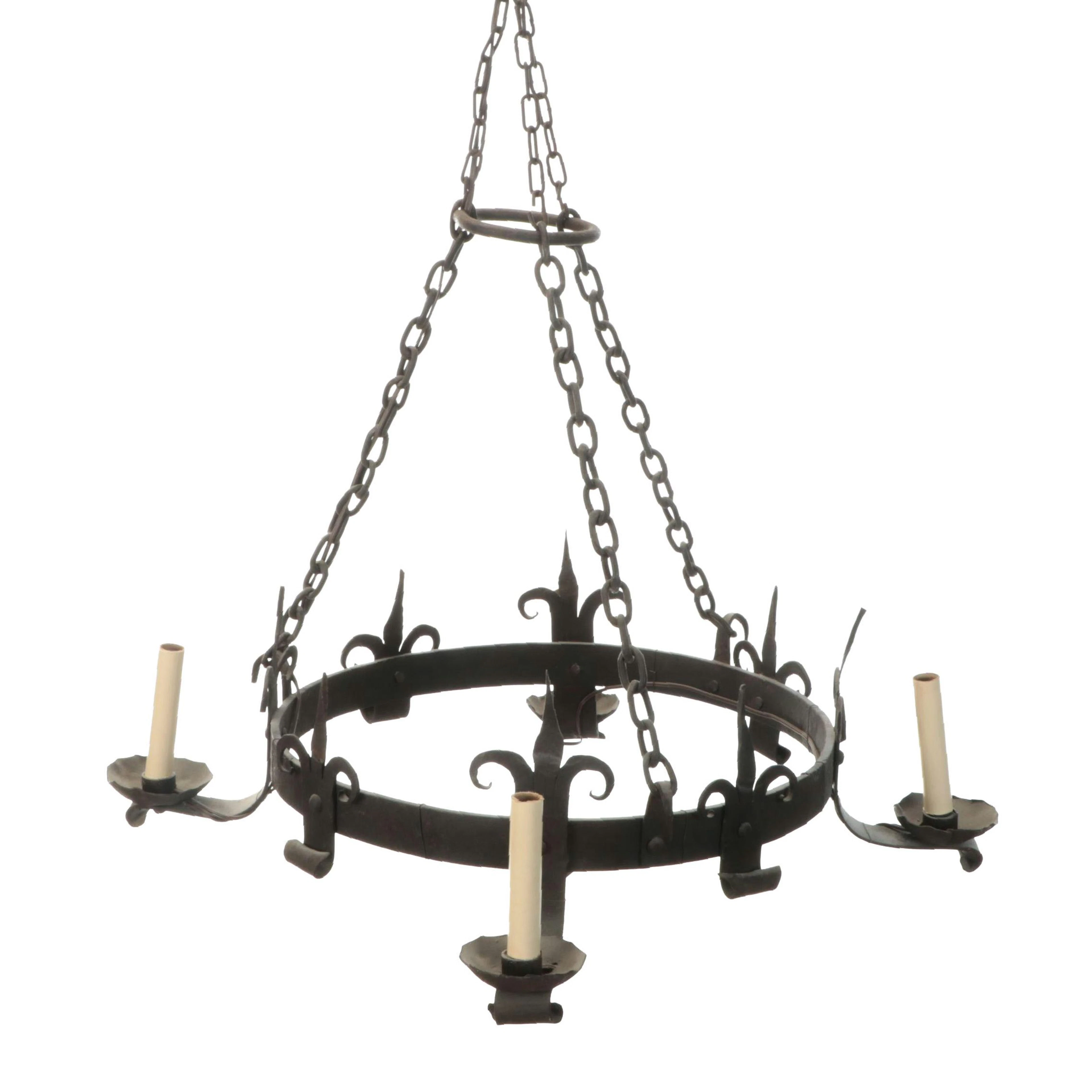 Gothic Style Fleur-de-Lis Metalwork Four-Arm Crown Chandelier