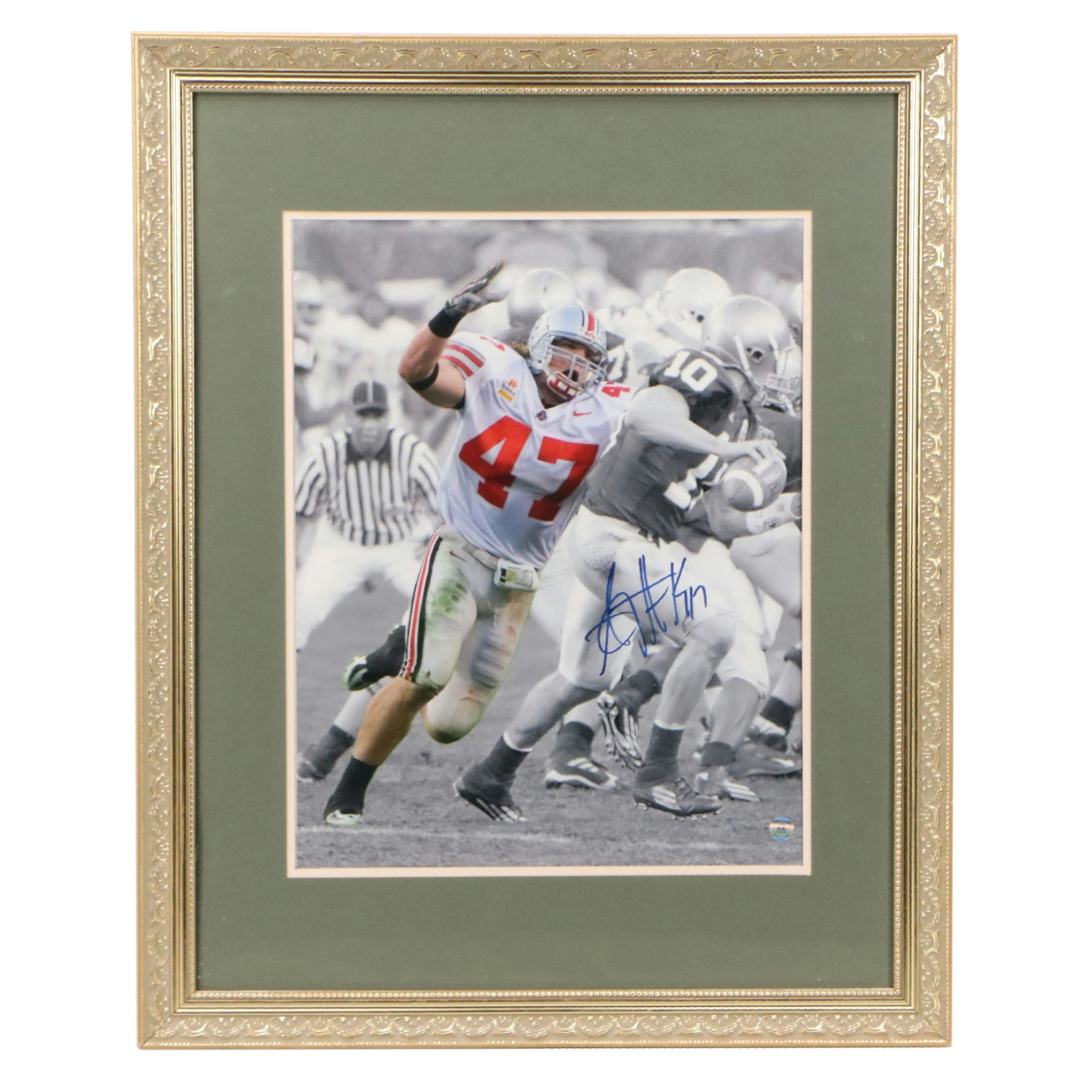 A.J. Hawk Signed Ohio State Buckeyes Fiesta Bowl Football Print in Matted Frame