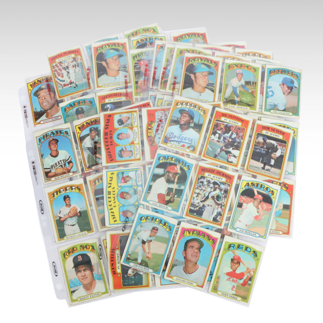1972 Topps Baseball Cards with Reggie Jackson, Lou Brock, and Joe Morgan