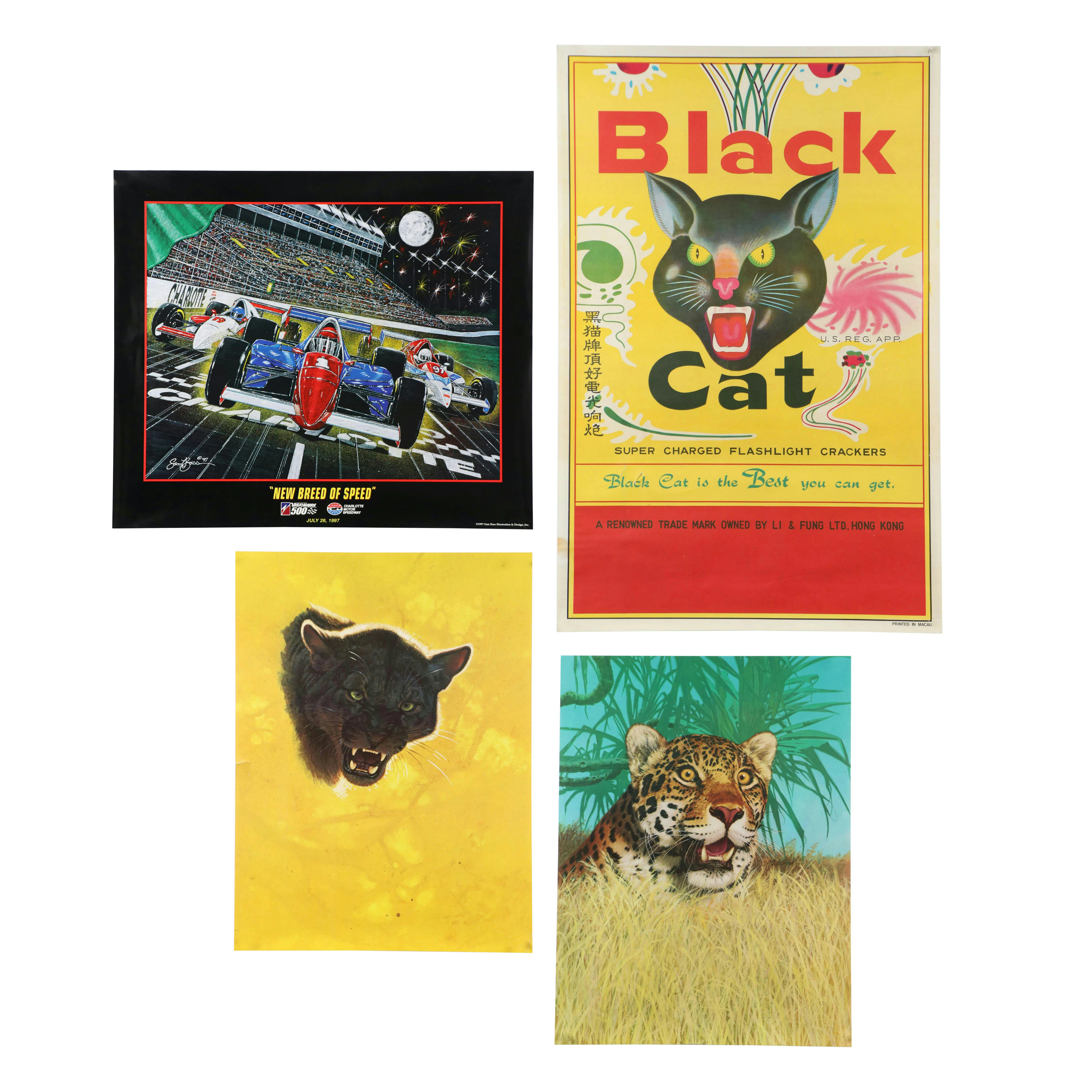 Assorted Cat-Themed and IndyCar Offset Lithograph Posters, 20th Century